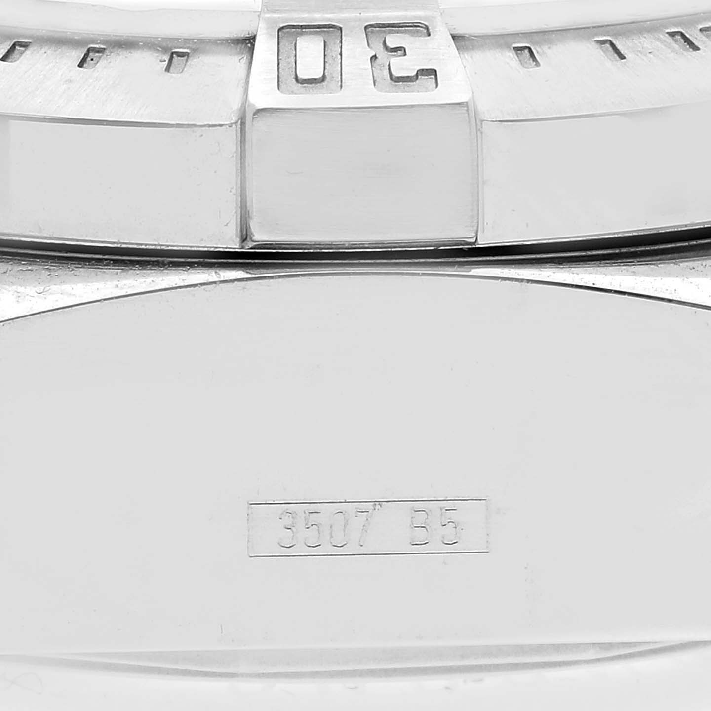 This close-up image of the Breitling Avenger A13380 Men's Stainless Steel Blue Dial A13380 Men's Stainless Steel Blue Dial watch highlights the bezel and part of the case back with the inscription "3507 B5".