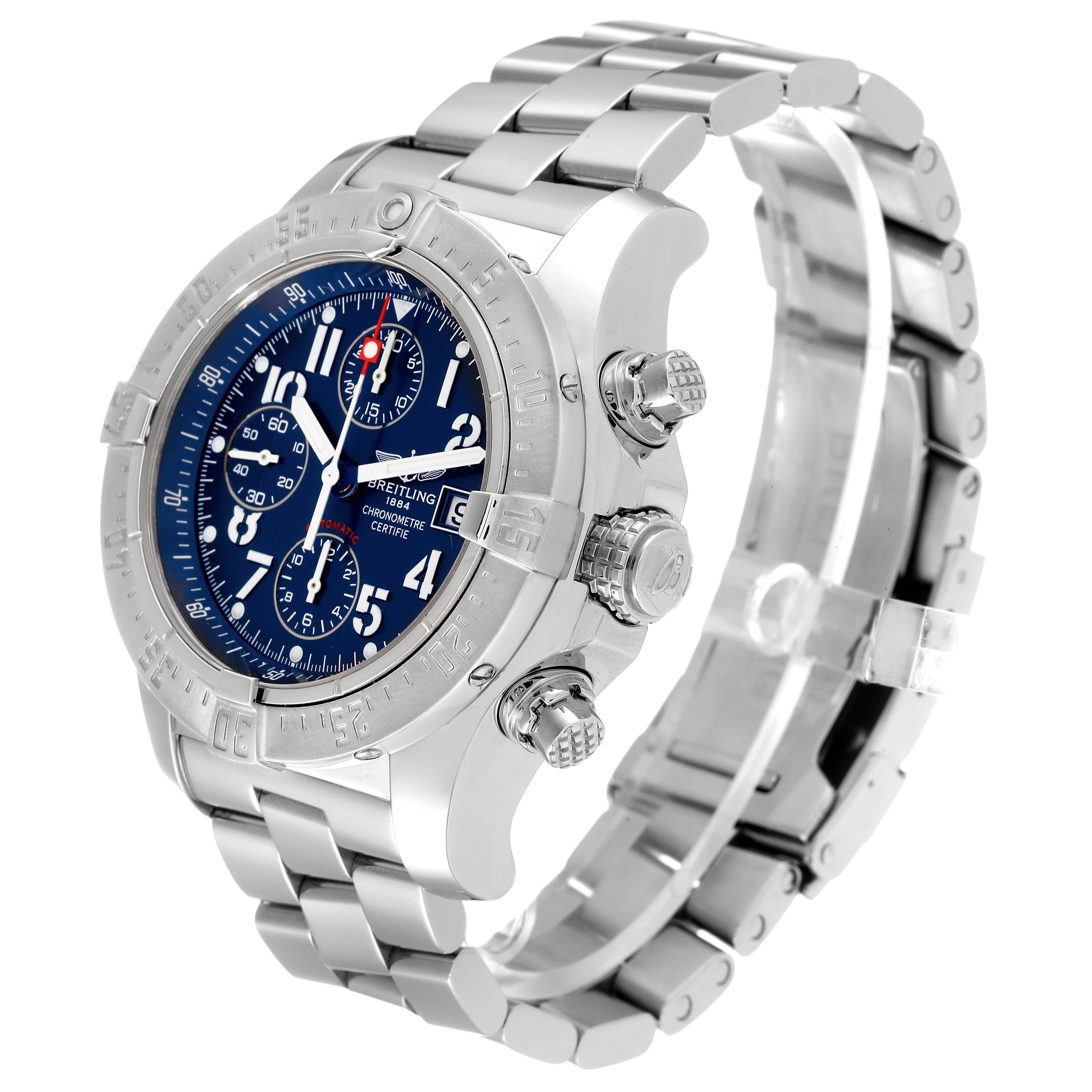 The image shows a side and front angle of the Breitling Avenger A13380 Men's Stainless Steel Blue Dial A13380 Men's Stainless Steel Blue Dial watch featuring its stainless steel case, blue dial, and bracelet.