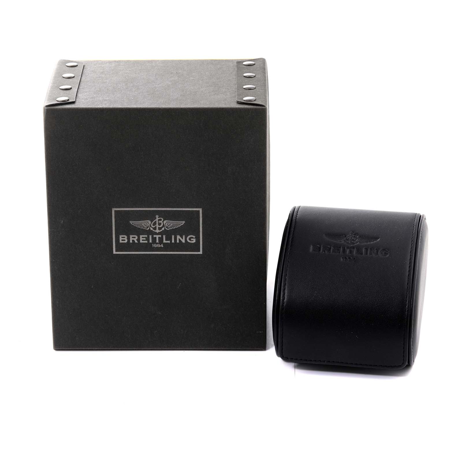 The image shows the packaging and black leather case for a Breitling Avenger A13380 Men's Stainless Steel Blue Dial A13380 Men's Stainless Steel Blue Dial watch.