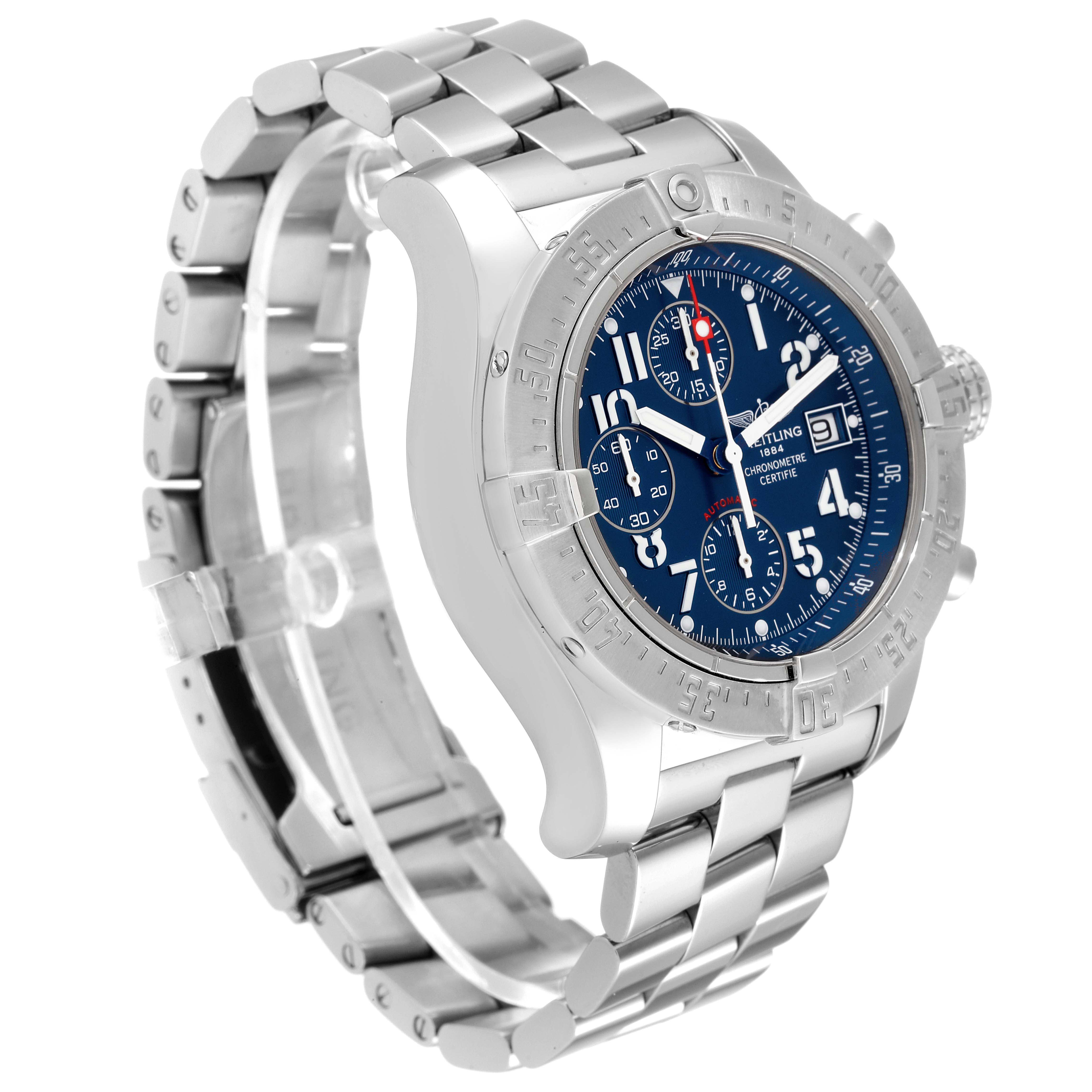 The image shows a side angle of a Breitling Avenger A13380 Men's Stainless Steel Blue Dial A13380 Men's Stainless Steel Blue Dial watch, displaying its bracelet, bezel, and blue dial.