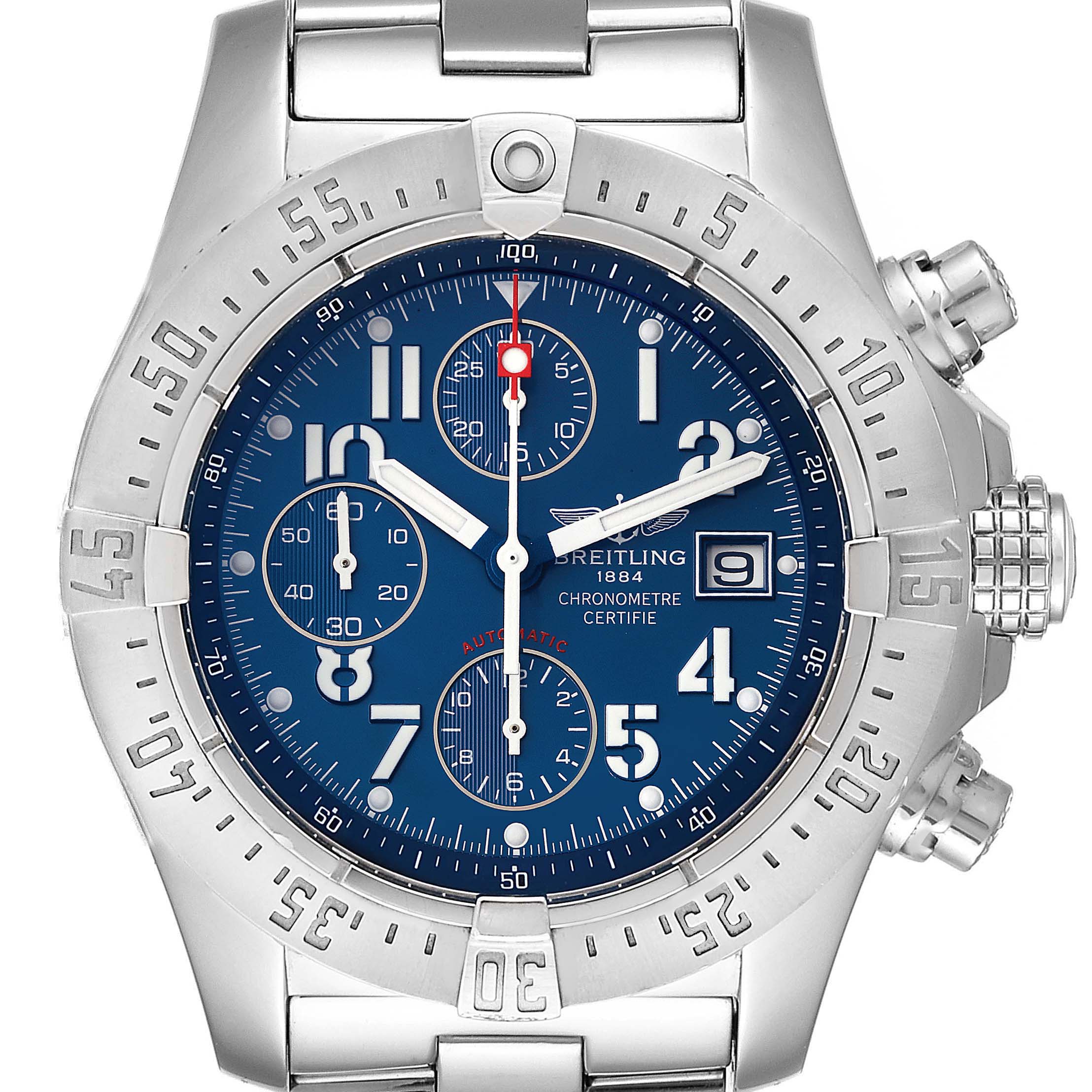 The image shows a front view of the Breitling Avenger A13380 Men's Stainless Steel Blue Dial A13380 Men's Stainless Steel Blue Dial watch, highlighting its dial, bezel, subdials, and bracelet.