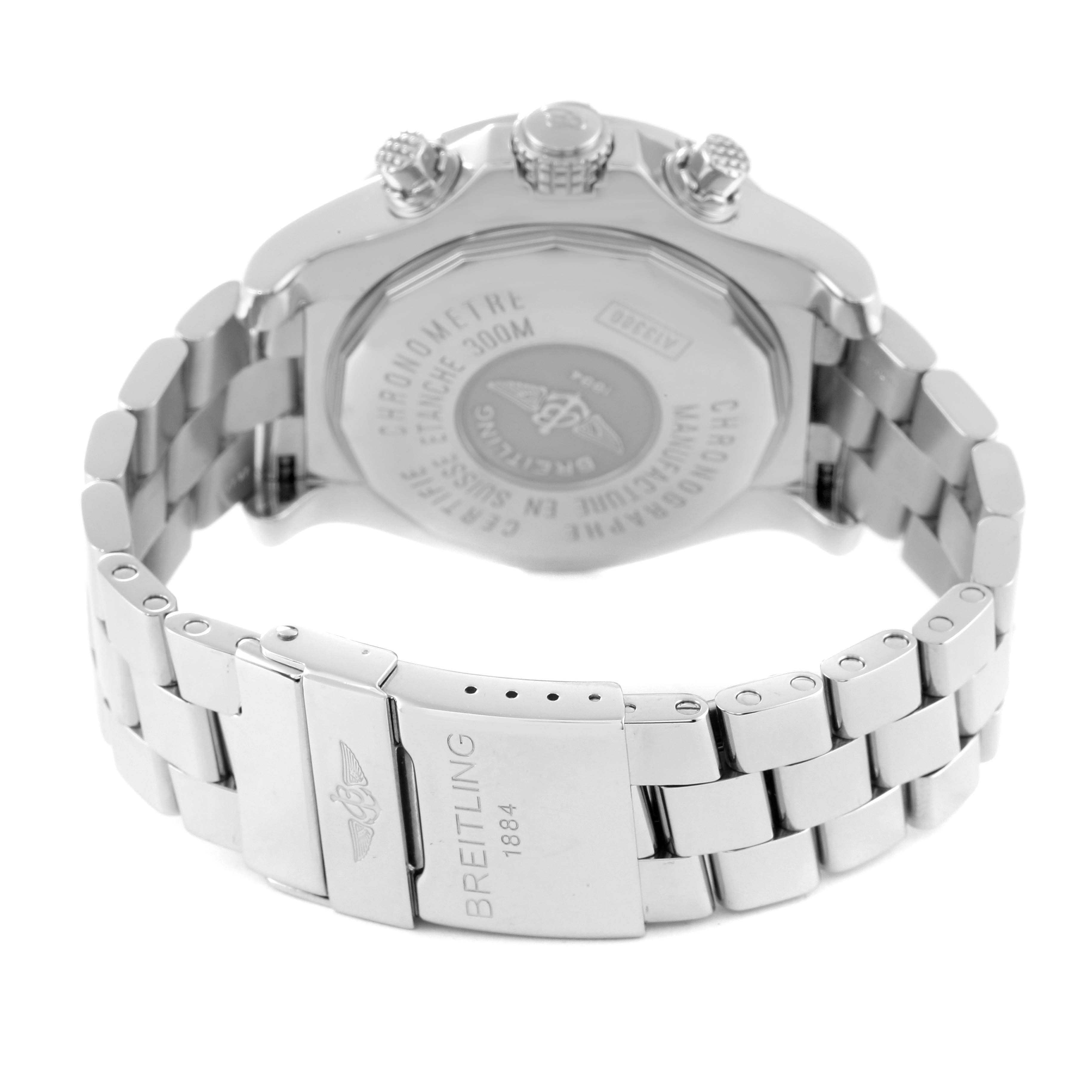 The image shows the back case and metal bracelet of the Breitling Avenger A13380 Men's Stainless Steel Blue Dial A13380 Men's Stainless Steel Blue Dial watch, focusing on the clasp and case back details.