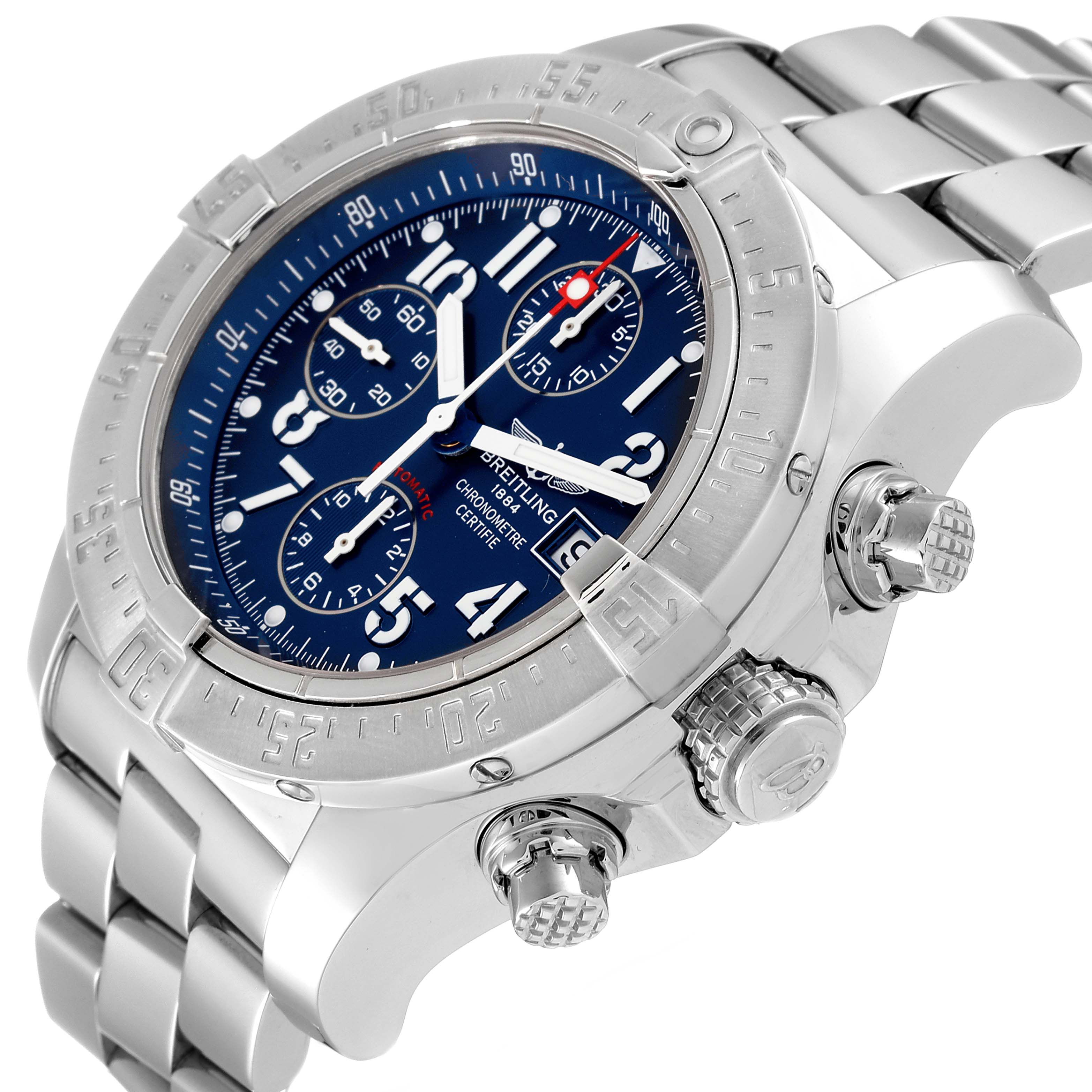 The Breitling Avenger A13380 Men's Stainless Steel Blue Dial A13380 Men's Stainless Steel Blue Dial watch is shown at an oblique angle, highlighting its blue dial, chronograph, bezel, crown, and metallic strap.