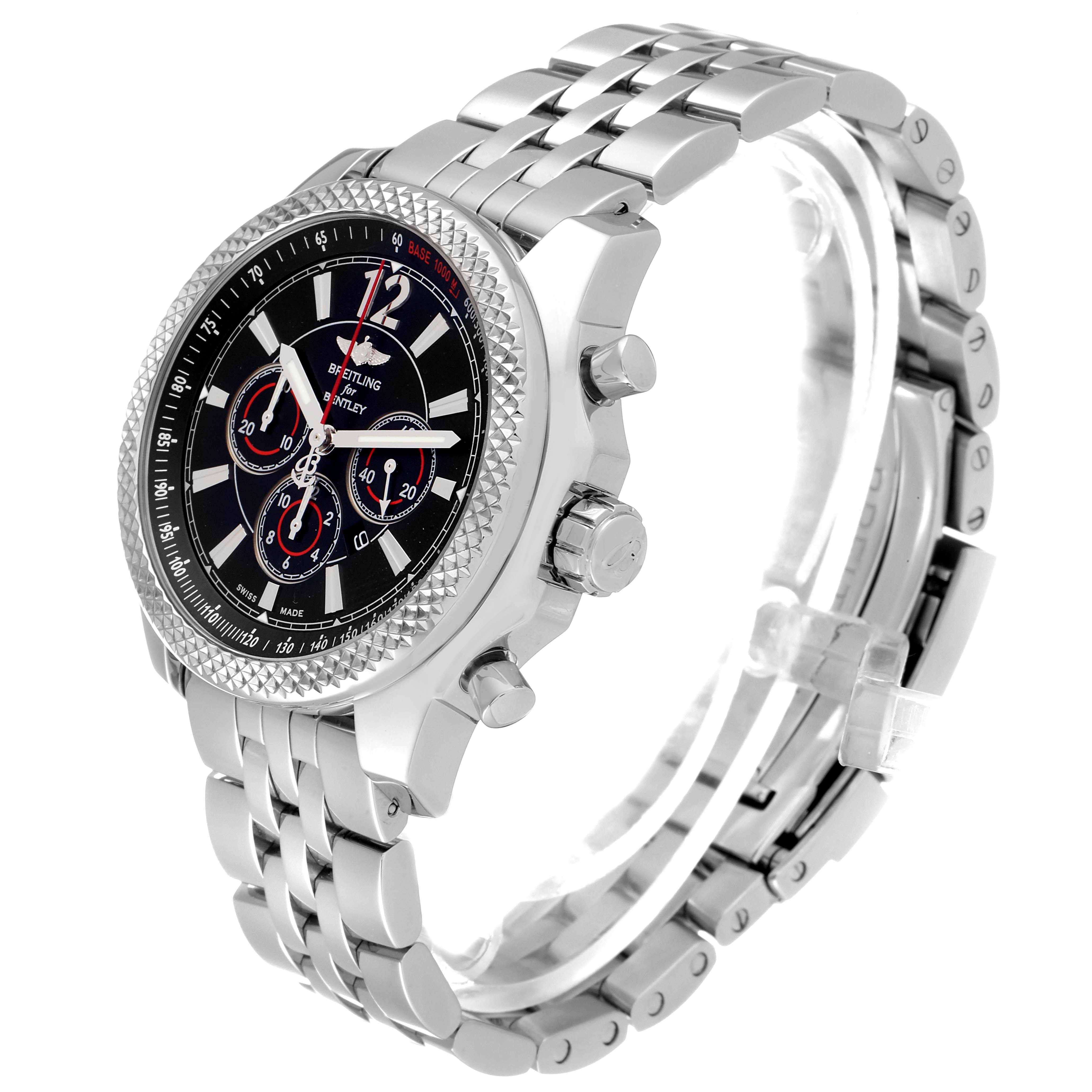 The image shows a side-angle view of the Bentley model watch by Breitling, highlighting the dial, bezel, crown, pushers, and metal bracelet.