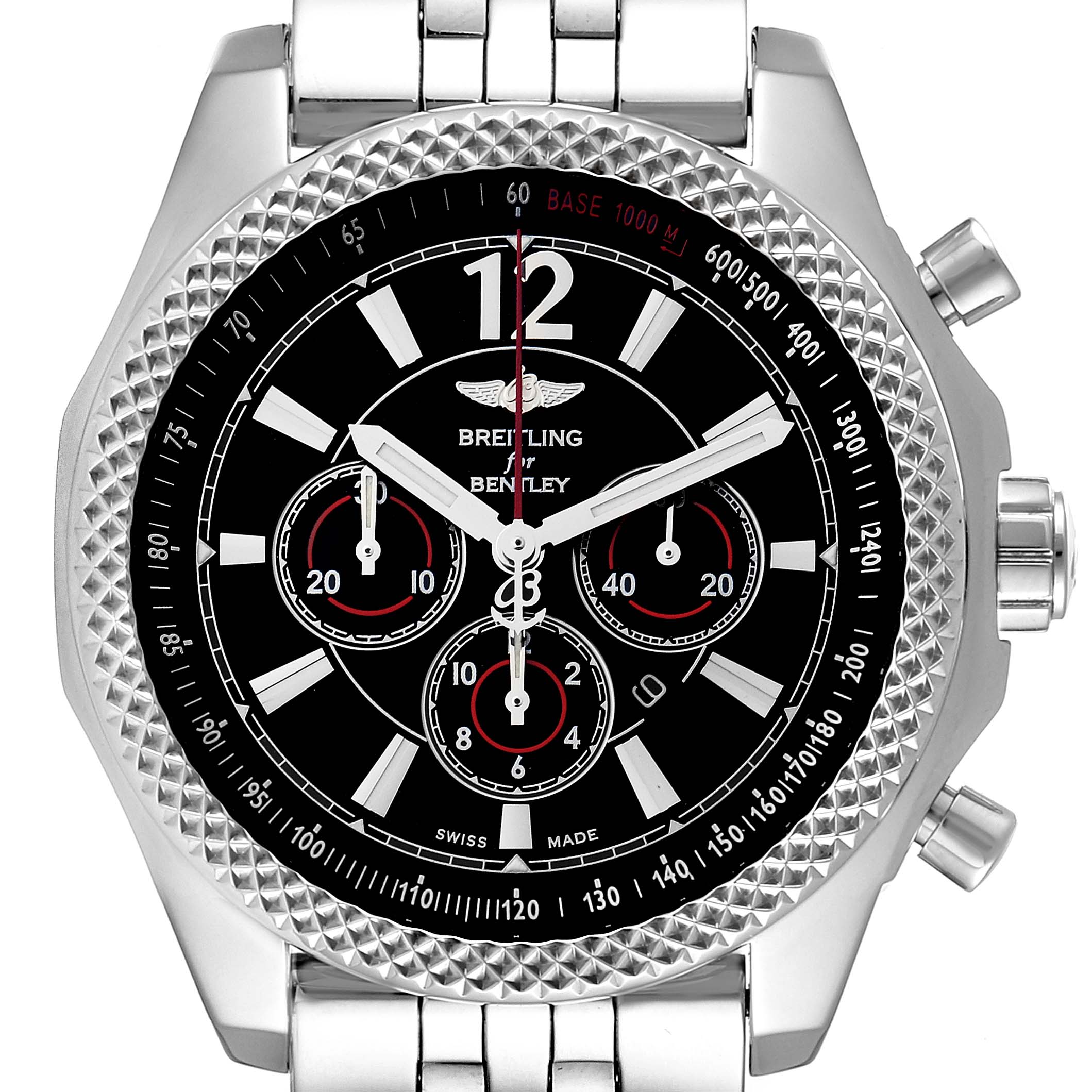 The image shows a close-up of the dial and bezel of a Breitling for Bentley watch, displaying its chronograph functions and metallic bracelet.