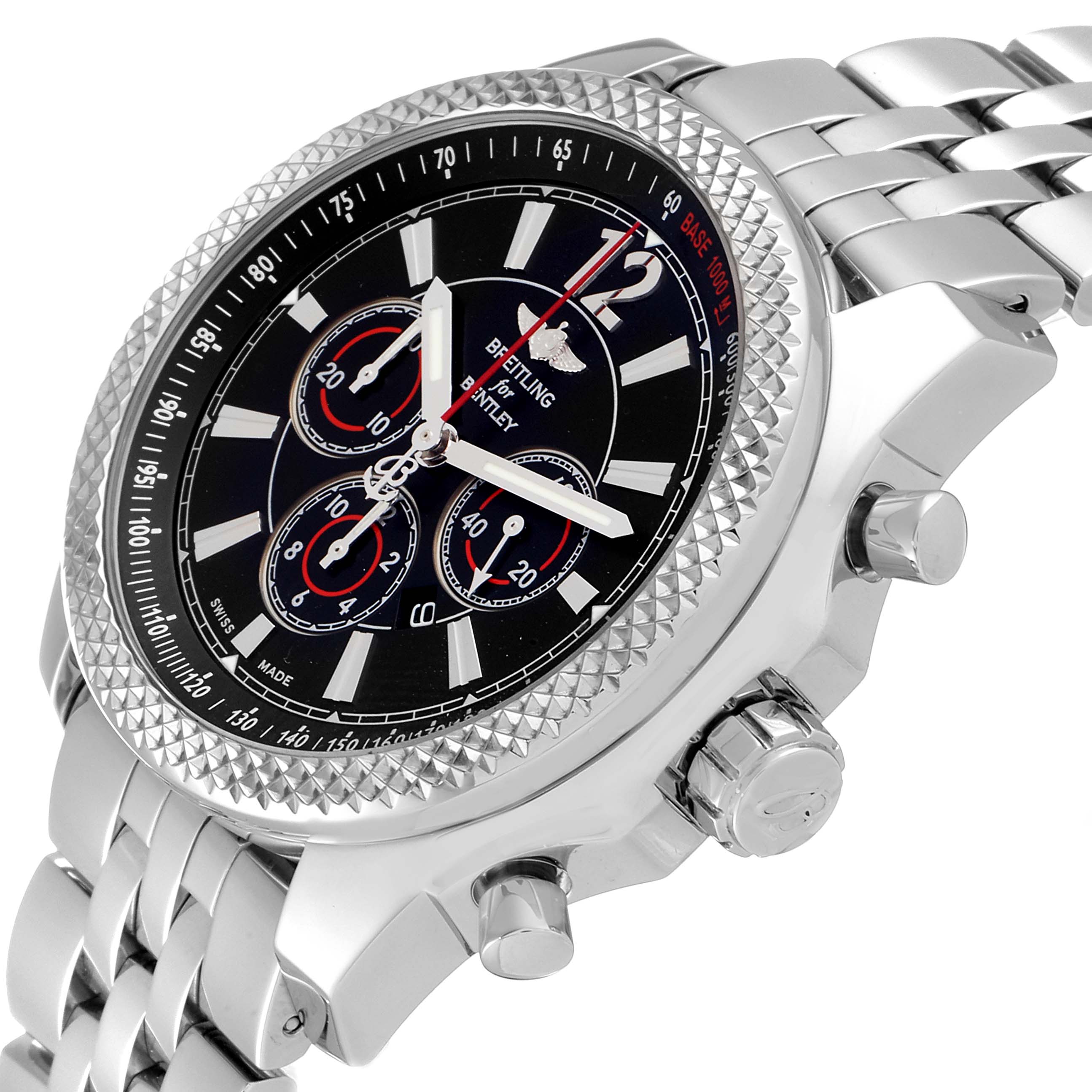 The image shows a side angle of the Breitling Bentley A41390 Men's Stainless Steel Black Dial A41390 Men's Stainless Steel Black Dial watch, highlighting the face, bezel, crown, and chronograph pushers.
