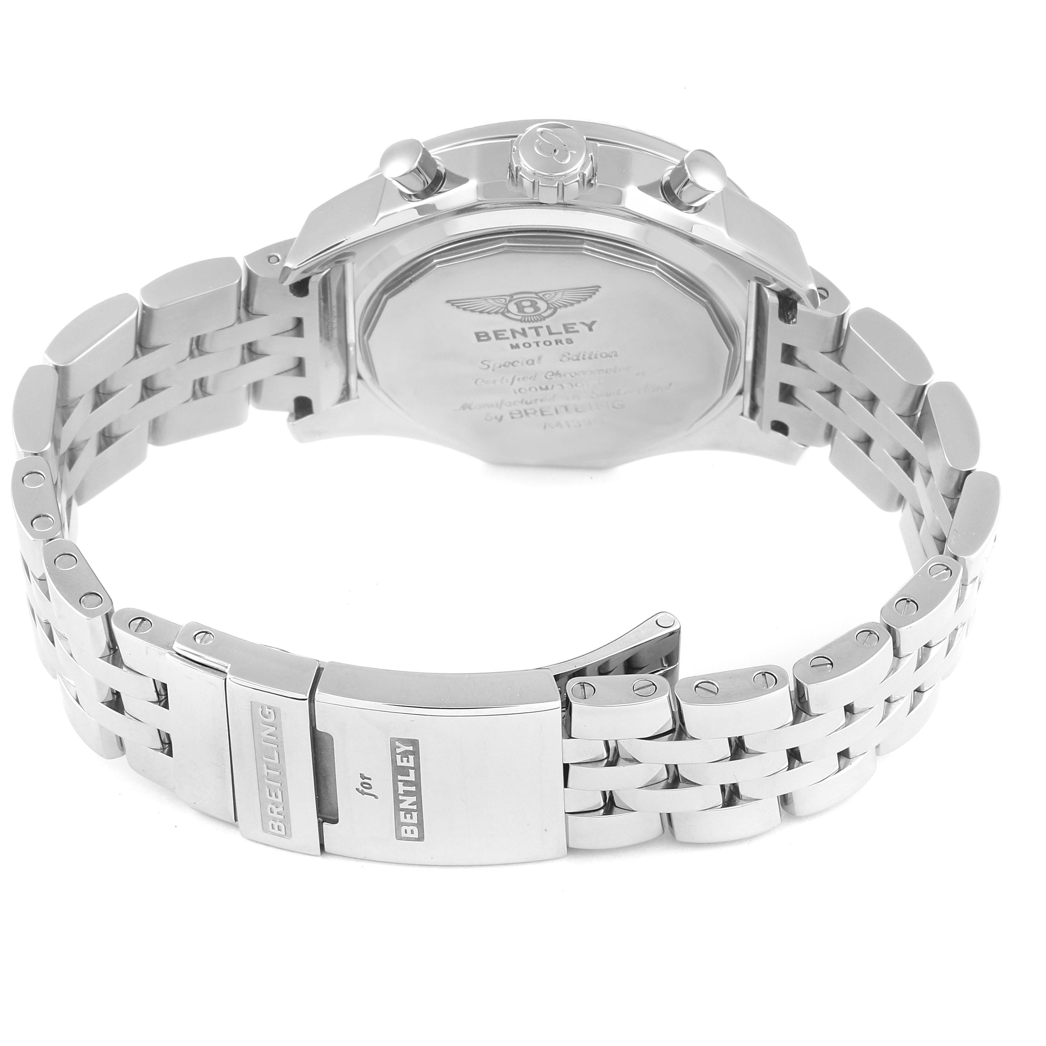 The image shows the back case and metal strap of the Breitling Bentley A41390 Men's Stainless Steel Black Dial A41390 Men's Stainless Steel Black Dial watch, highlighting the clasp and engraved details.
