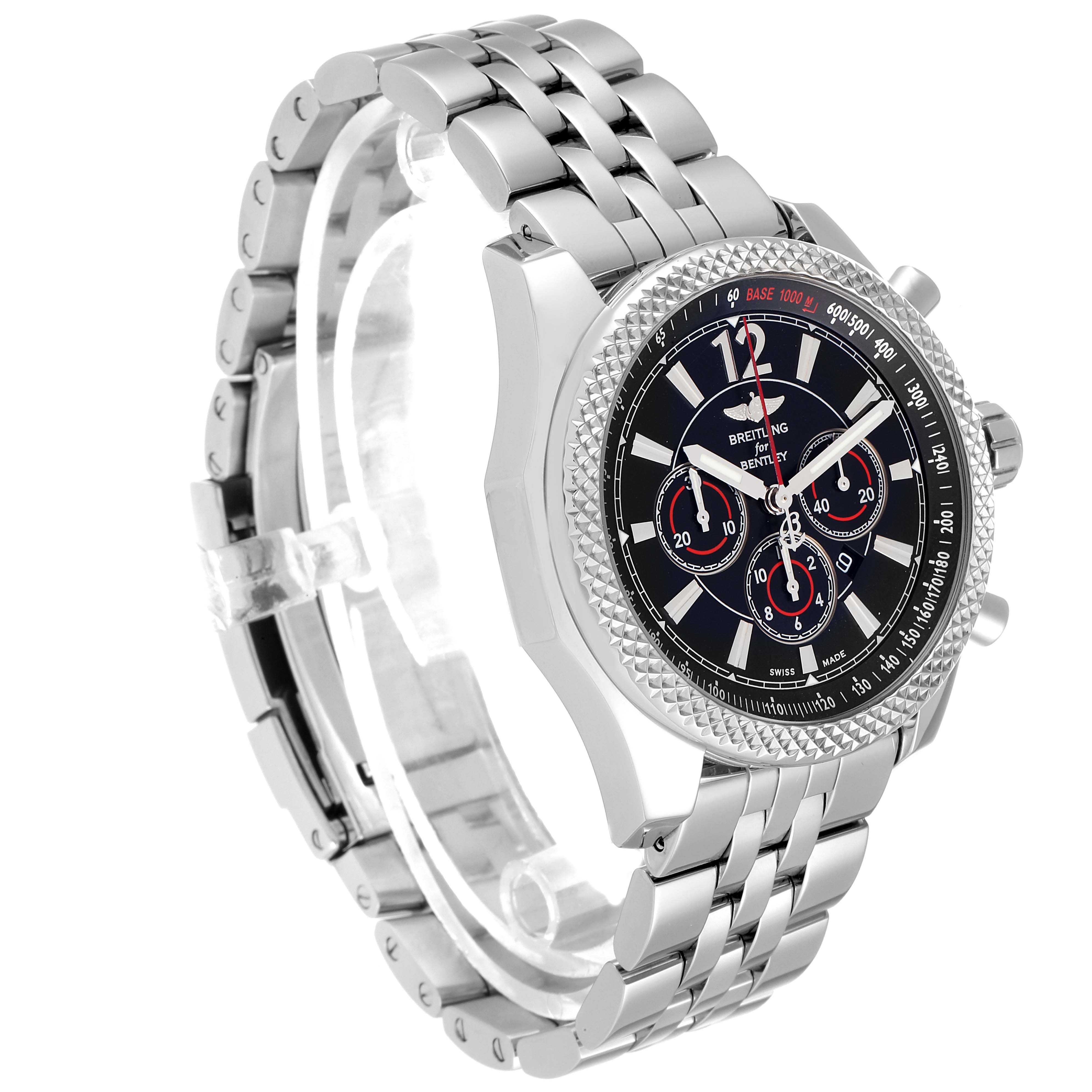The image shows the Breitling Bentley A41390 Men's Stainless Steel Black Dial A41390 Men's Stainless Steel Black Dial watch from an angled side view, highlighting the face, bezel, and metal bracelet.