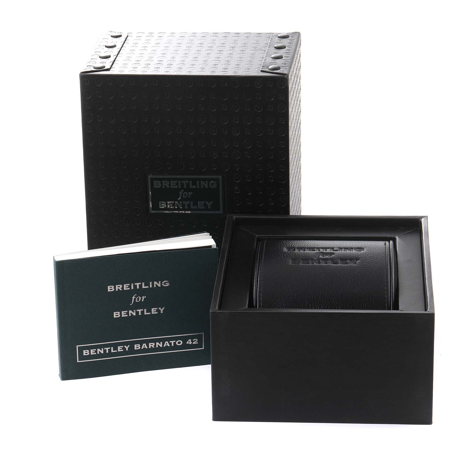 The image shows a Breitling Bentley A41390 Men's Stainless Steel Black Dial A41390 Men's Stainless Steel Black Dial watch box, inner case, and a manual at a frontal angle.