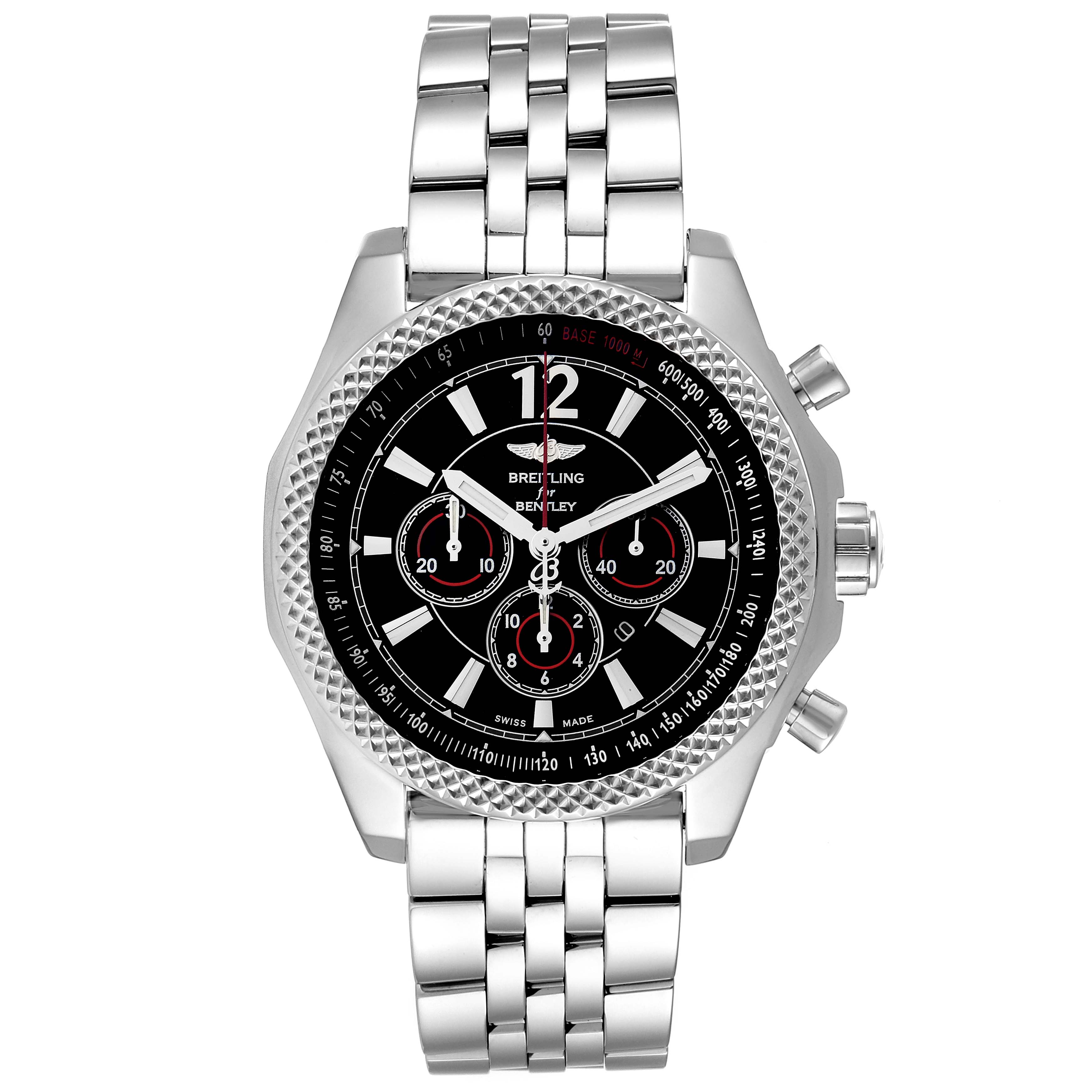 The image shows a frontal view of a Breitling Bentley A41390 Men's Stainless Steel Black Dial A41390 Men's Stainless Steel Black Dial watch, displaying its dial, bezel, and bracelet clearly.