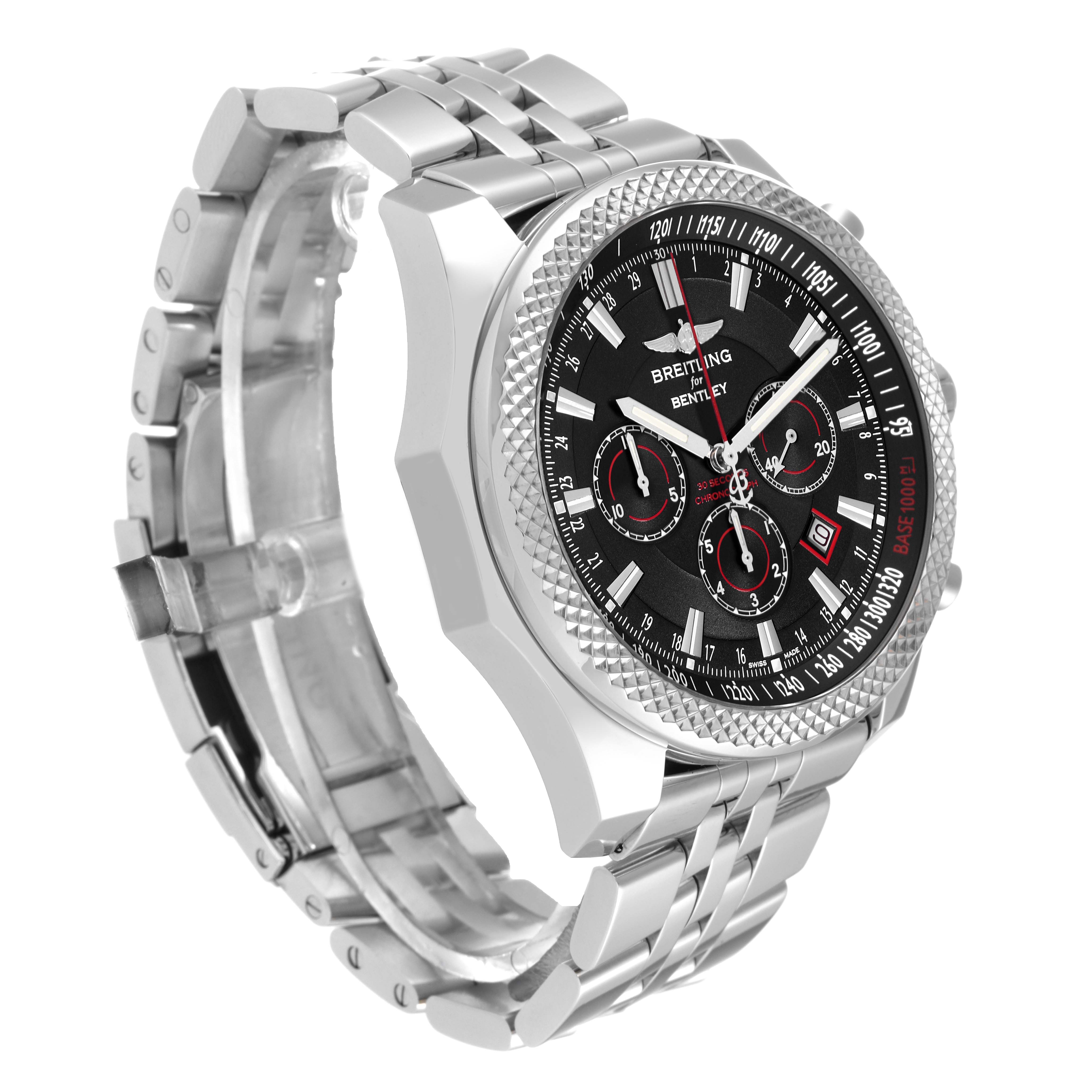 This Breitling Bentley A25368B11SP Men's Stainless Steel Black Dial A25368B11SP Men's Stainless Steel Black Dial model watch is shown at a slight angle, highlighting the face, bezel, and metallic bracelet.