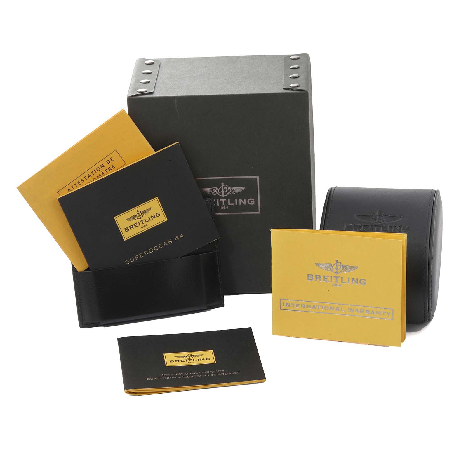 The image shows the packaging and documents for the Breitling Bentley A25368B11SP Men's Stainless Steel Black Dial A25368B11SP Men's Stainless Steel Black Dial model, including the box, case, and various certificates.