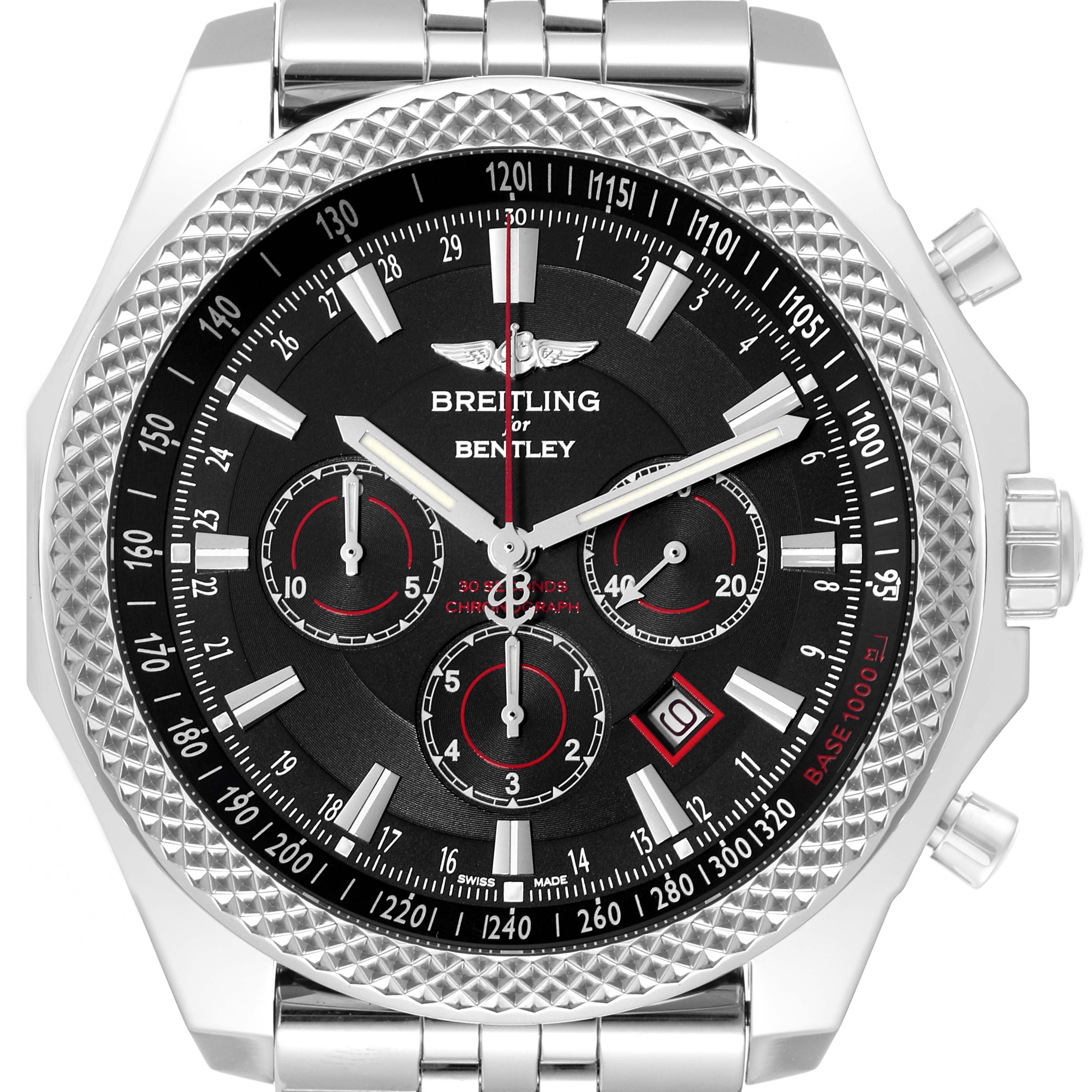 The Breitling for Bentley watch is shown from a front angle, highlighting its black dial, chronograph sub-dials, and silver bracelet.