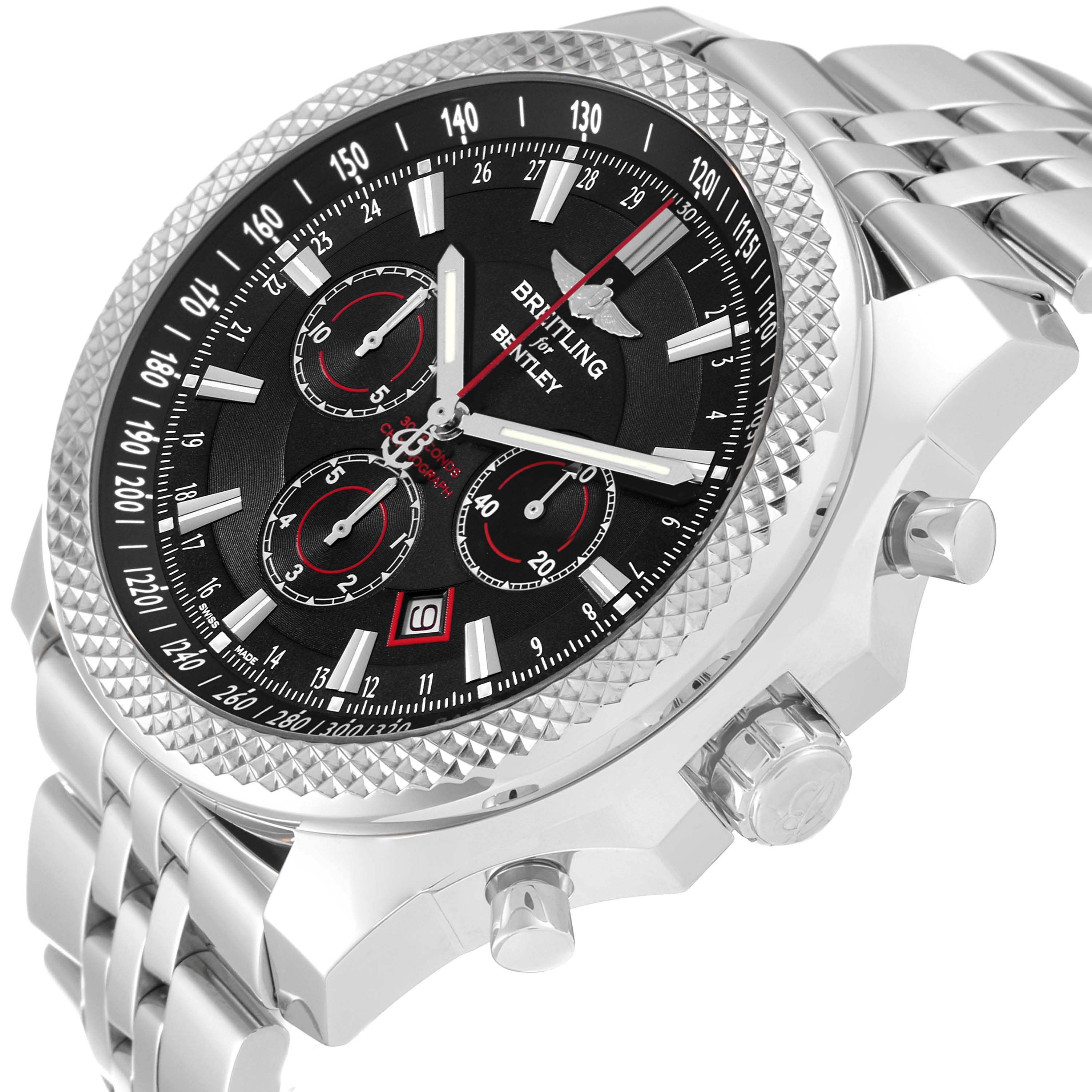 The image shows a close-up of the Breitling Bentley A25368B11SP Men's Stainless Steel Black Dial A25368B11SP Men's Stainless Steel Black Dial watch at an angle highlighting the bezel, dial, and part of the bracelet.