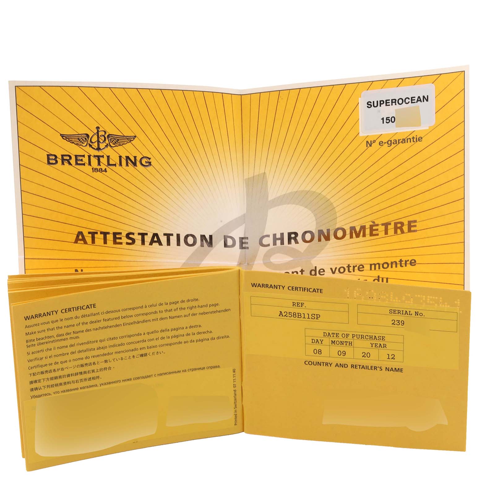 This image shows the opened warranty certificate and chronometer attestation for a Bentley model by Breitling.