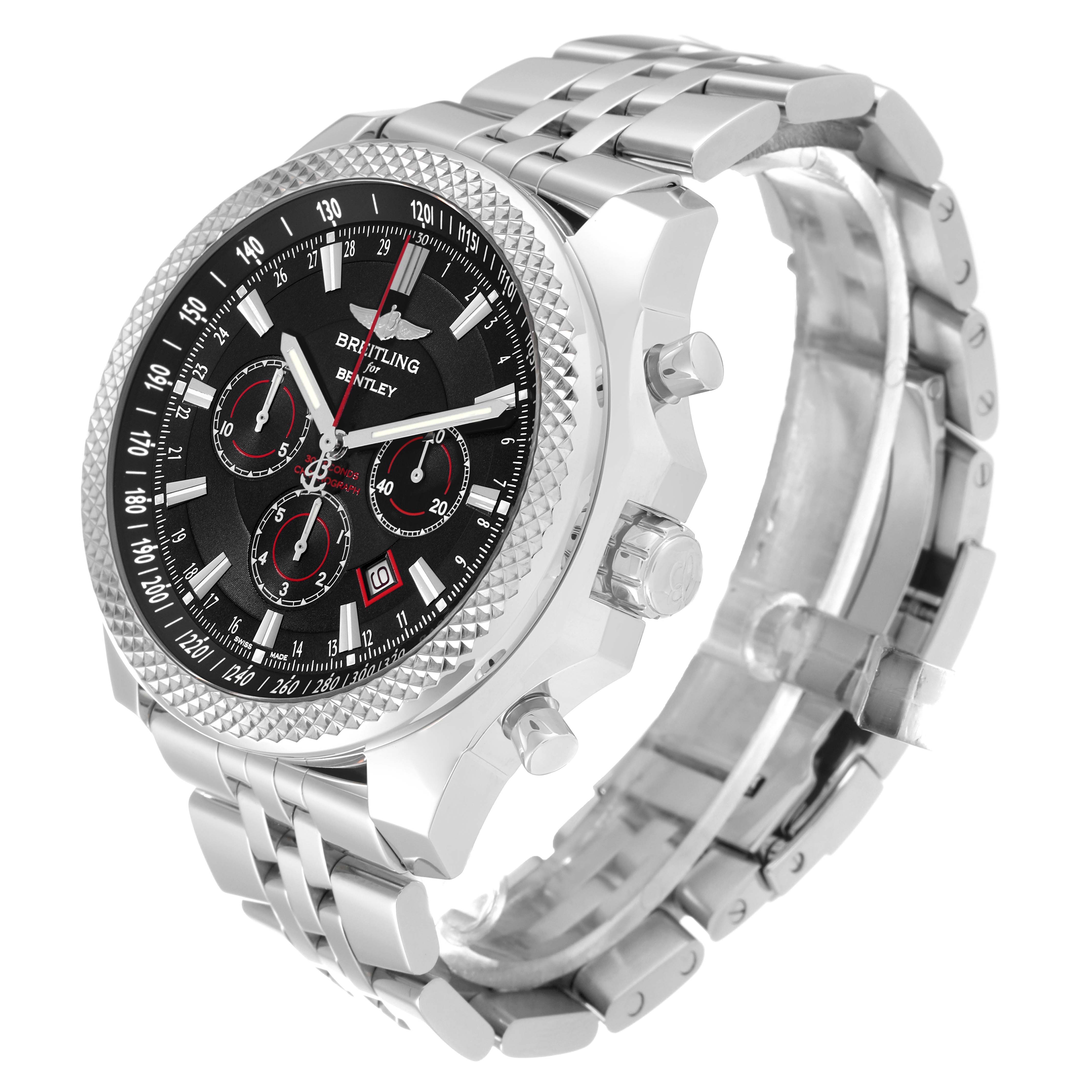 The Breitling Bentley A25368B11SP Men's Stainless Steel Black Dial A25368B11SP Men's Stainless Steel Black Dial watch is shown at a three-quarter angle, highlighting the face, bezel, and metal band.