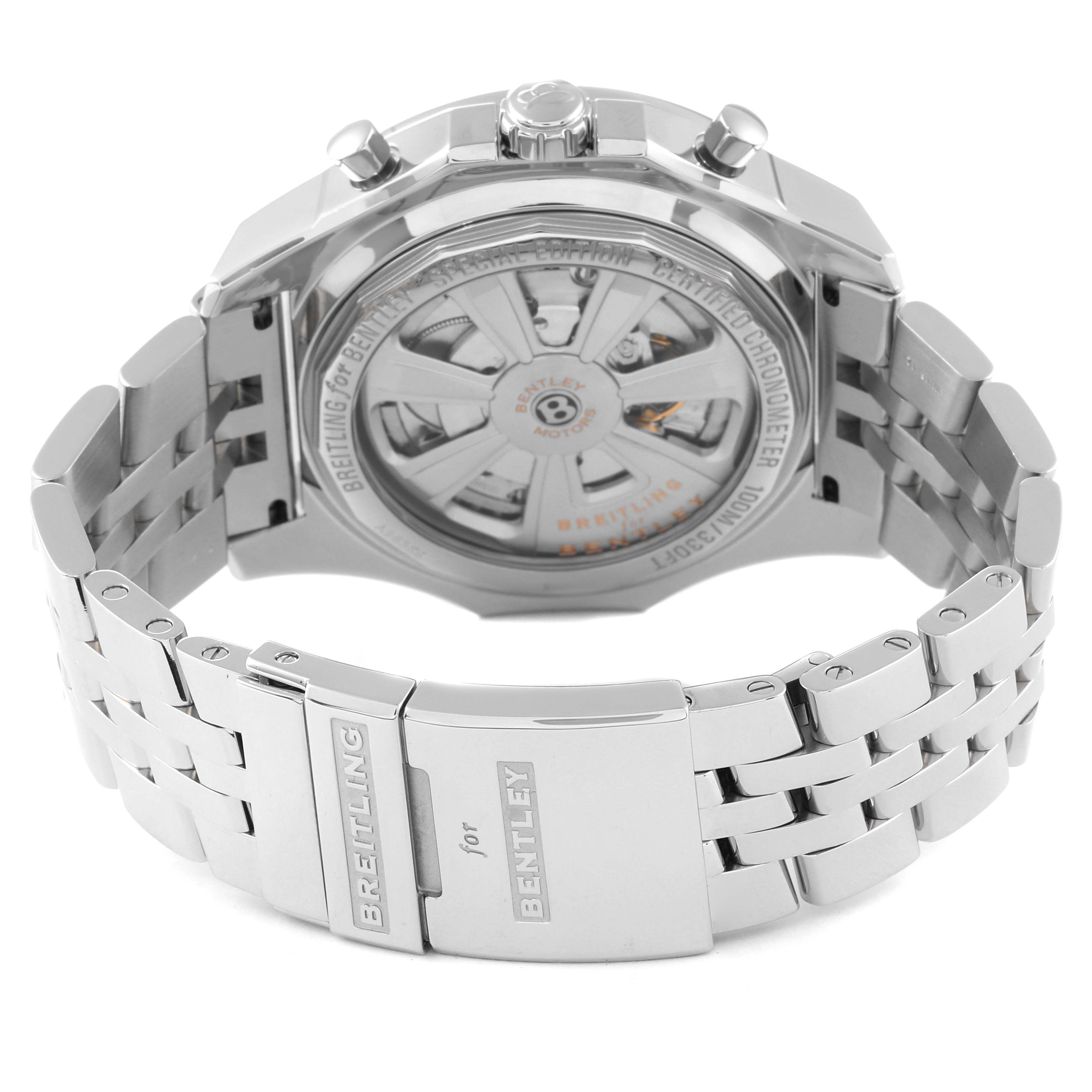 The image shows the backside and bracelet of a Breitling Bentley A25368B11SP Men's Stainless Steel Black Dial A25368B11SP Men's Stainless Steel Black Dial model watch, highlighting the clasp and the automatic movement through the case back.