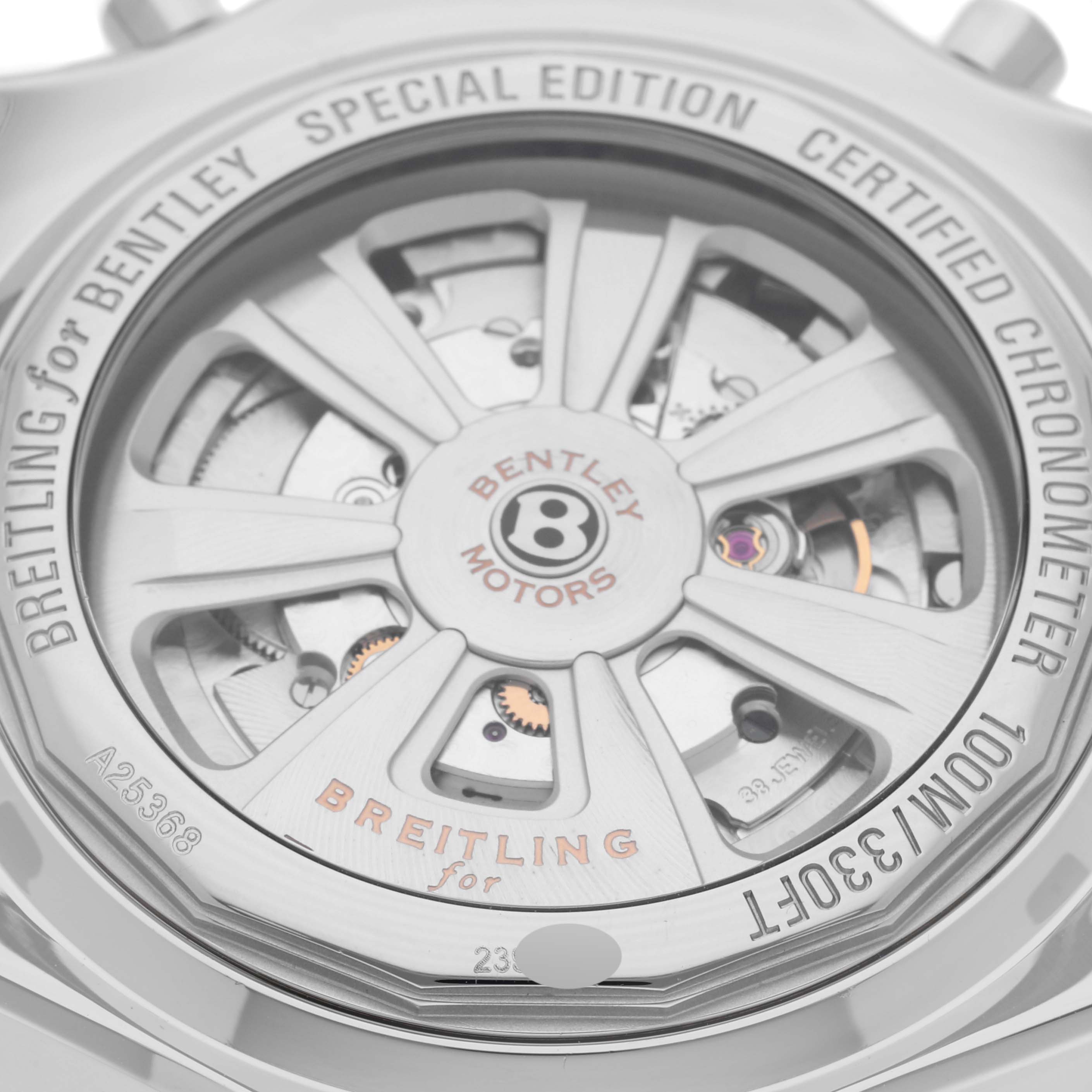 The image shows the back view of the Bentley model by Breitling, displaying the rotor and inner mechanisms.