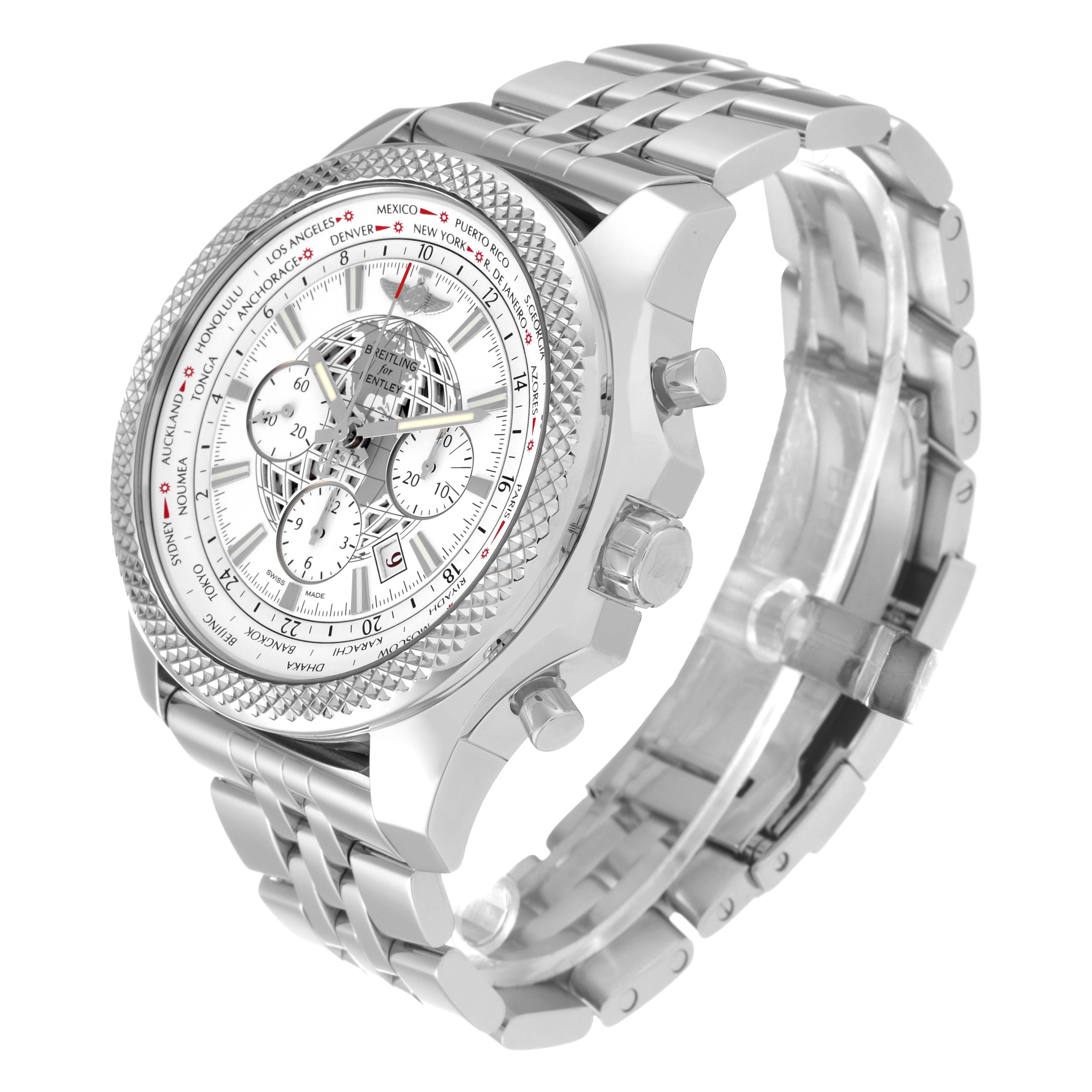 The Breitling Bentley AB0521 Men's Stainless Steel White Dial AB0521 Men's Stainless Steel White Dial watch is shown at a three-quarter angle, highlighting its face, bezel, pushers, and stainless steel bracelet.