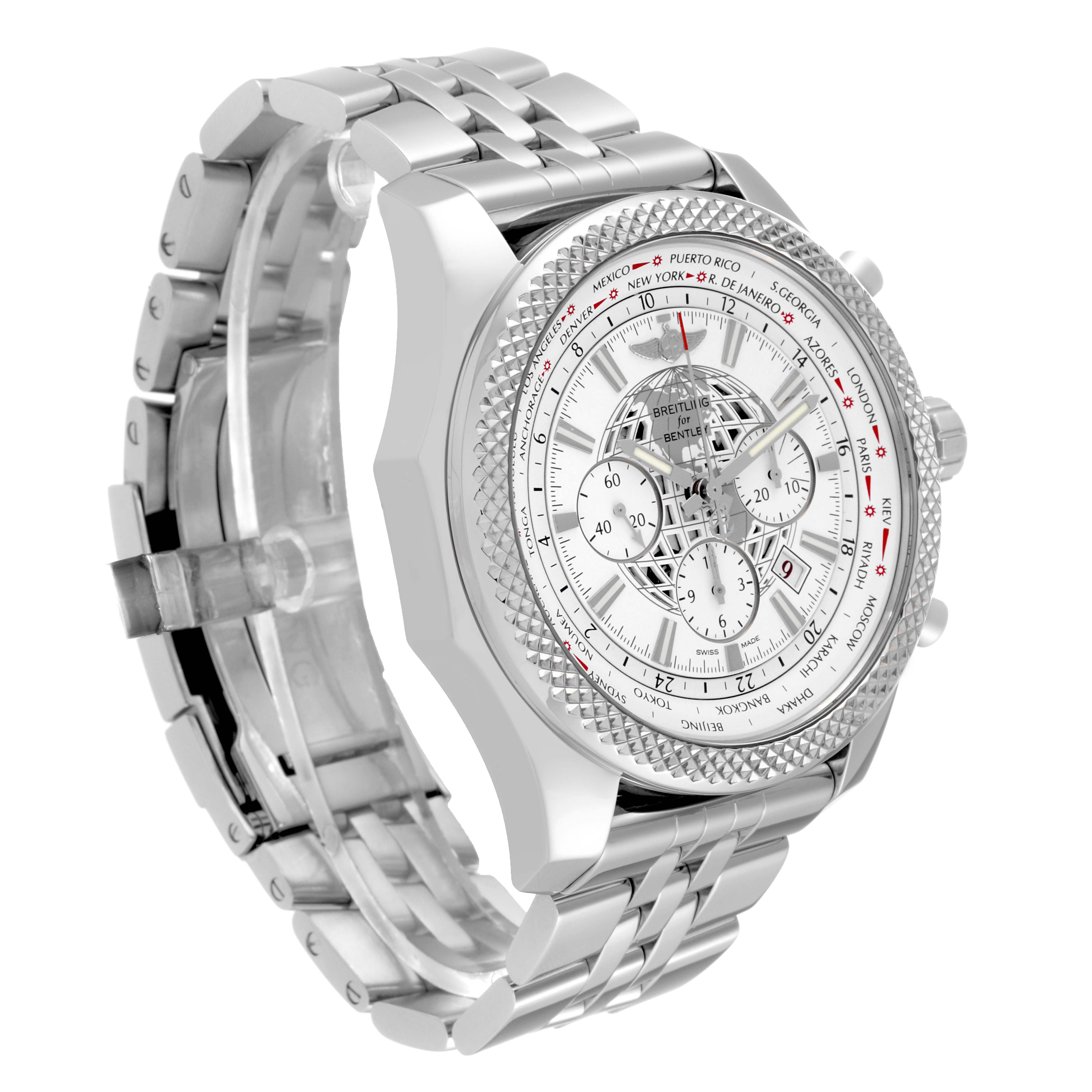The image shows a side angle view of a Breitling Bentley AB0521 Men's Stainless Steel White Dial AB0521 Men's Stainless Steel White Dial model watch, highlighting the face, bezel, and metal bracelet.