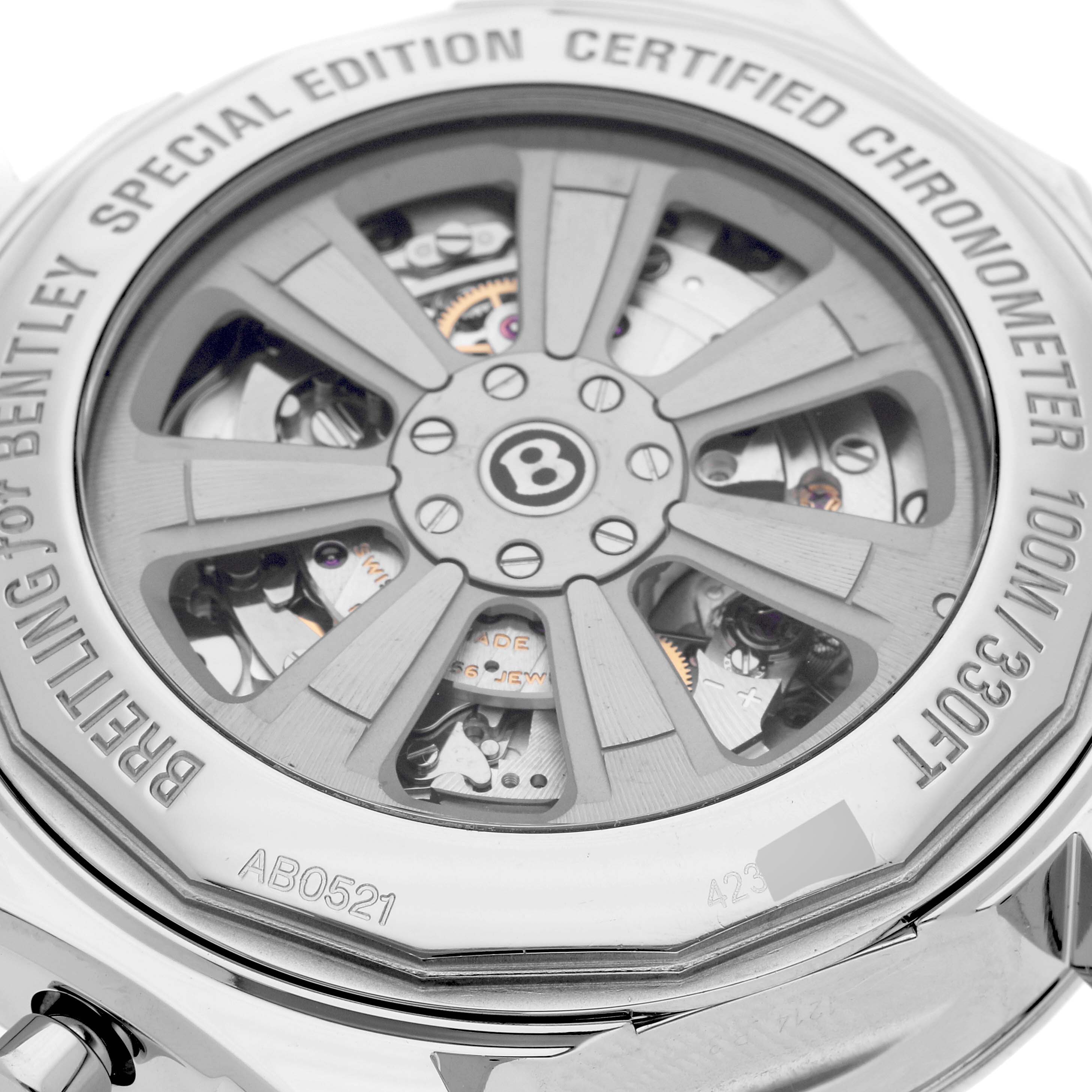 The image shows the back case and inner mechanisms of a Breitling Bentley AB0521 Men's Stainless Steel White Dial AB0521 Men's Stainless Steel White Dial watch at a close-up angle.