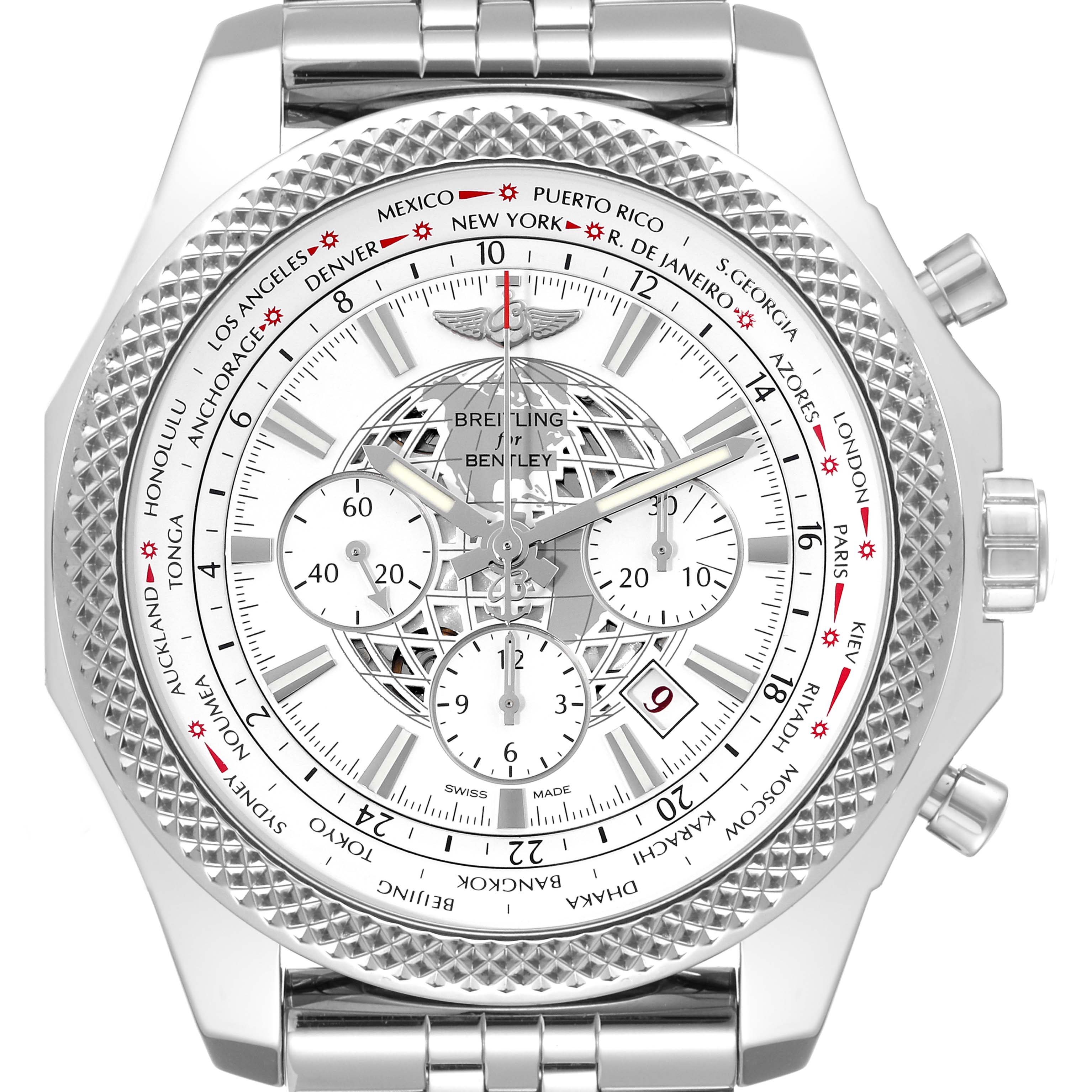 The image shows a front view of the Breitling Bentley AB0521 Men's Stainless Steel White Dial AB0521 Men's Stainless Steel White Dial watch, highlighting its face, dials, bezel, and part of the bracelet.
