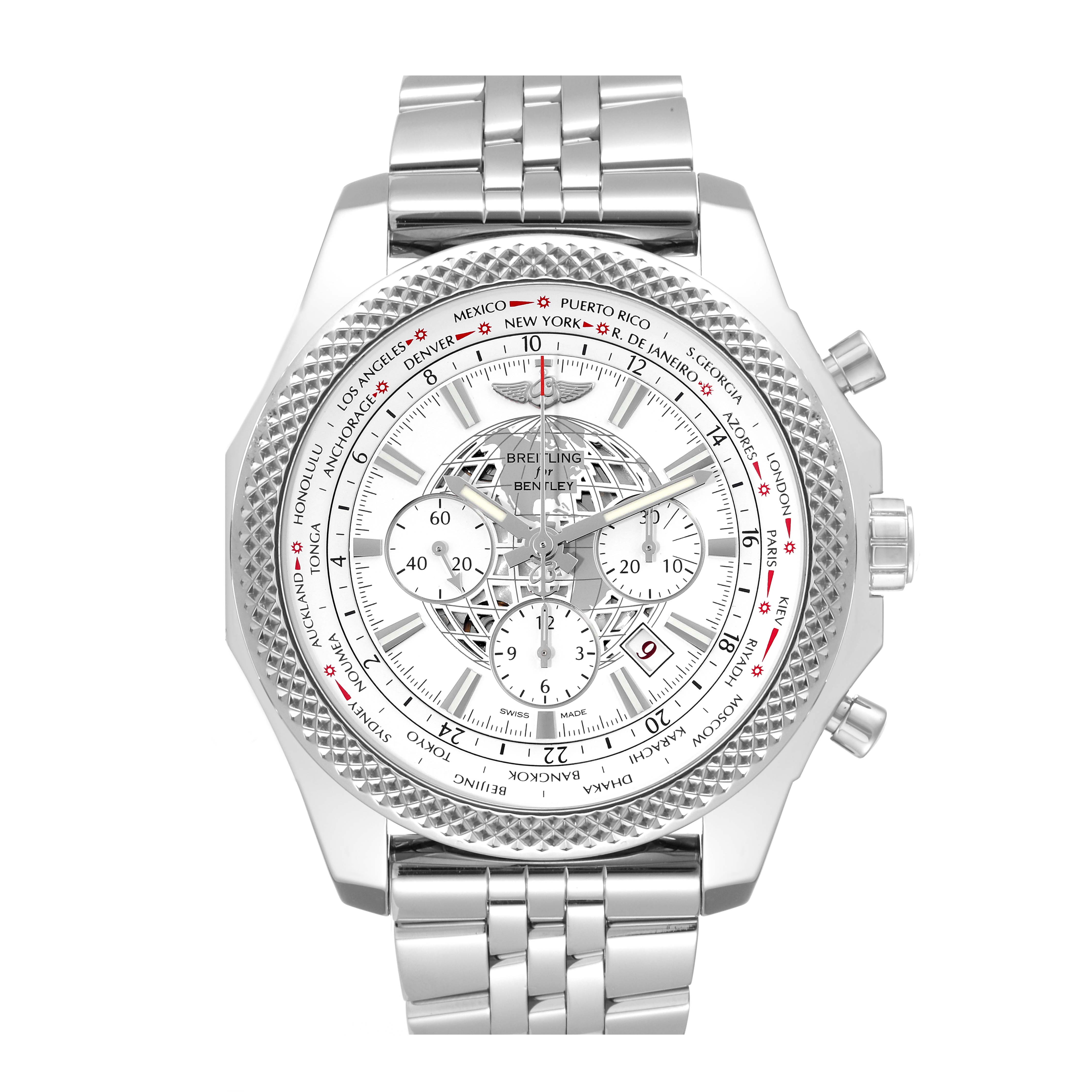 The image shows a front view of a Breitling Bentley AB0521 Men's Stainless Steel White Dial AB0521 Men's Stainless Steel White Dial model watch, showcasing its face, bezel, and metal bracelet.