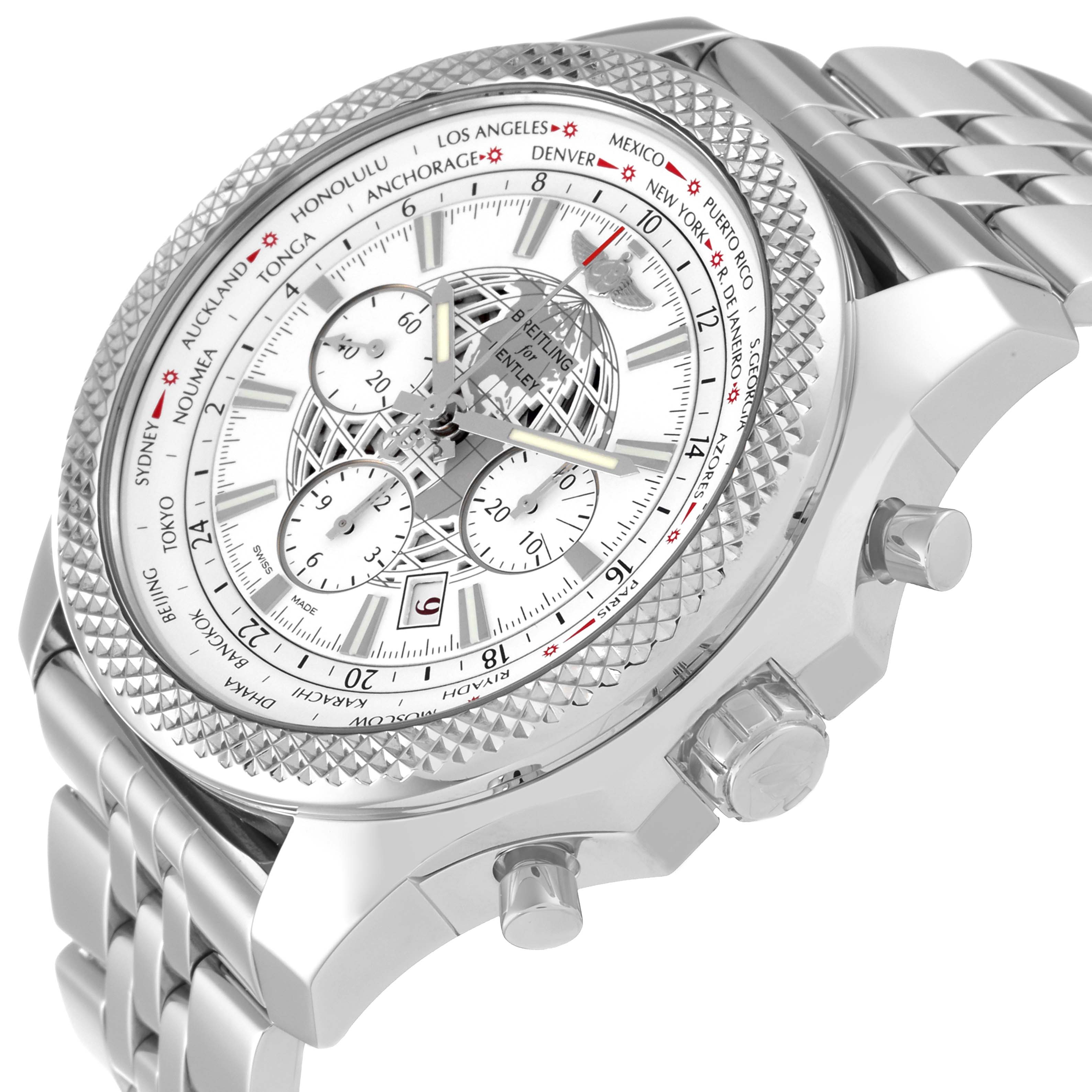 This image shows a Breitling Bentley AB0521 Men's Stainless Steel White Dial AB0521 Men's Stainless Steel White Dial model watch from a slight side angle, highlighting the dial, bezel, and bracelet.