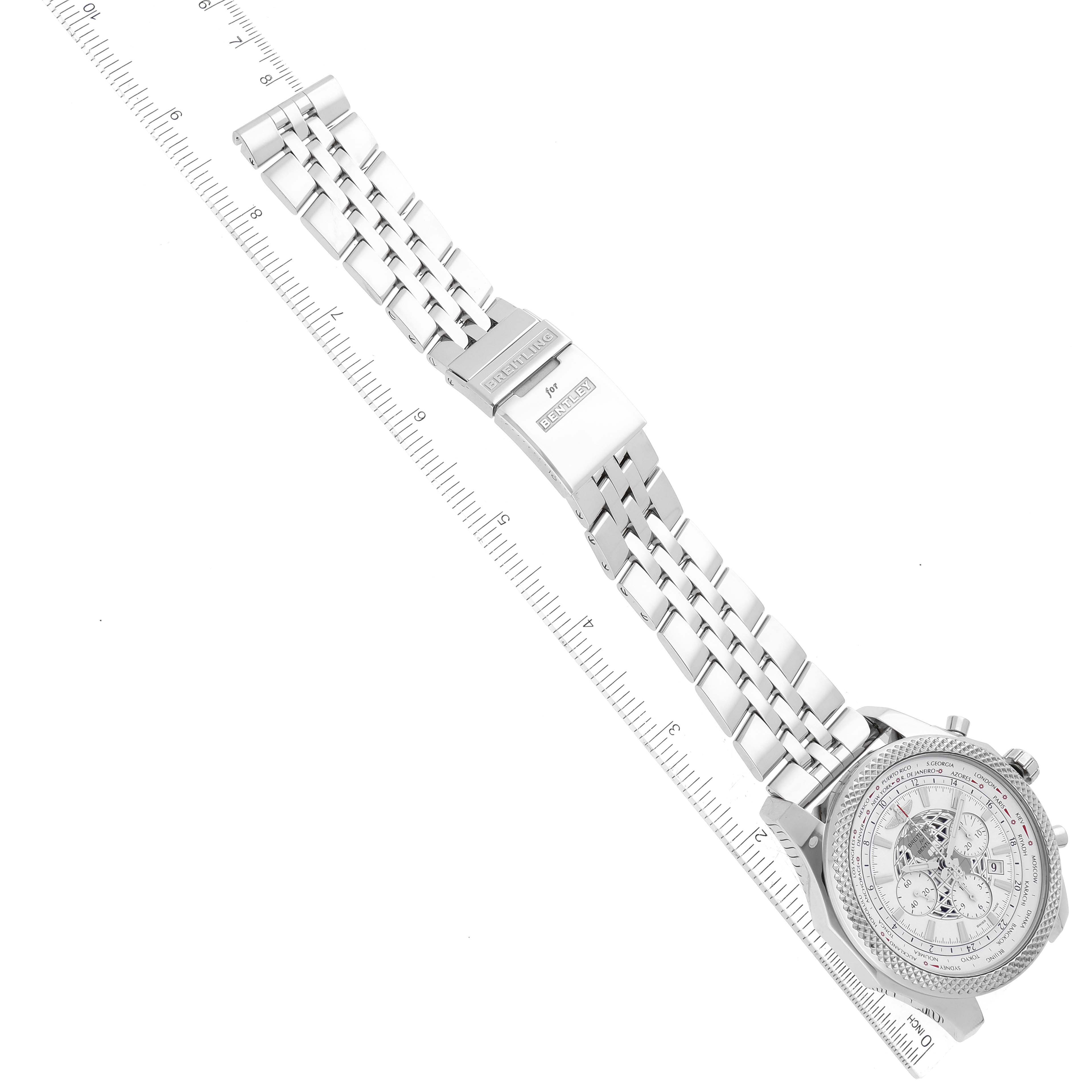 The image shows a Bentley model watch by Breitling, displaying the face, bracelet, and clasp at an angled top view.