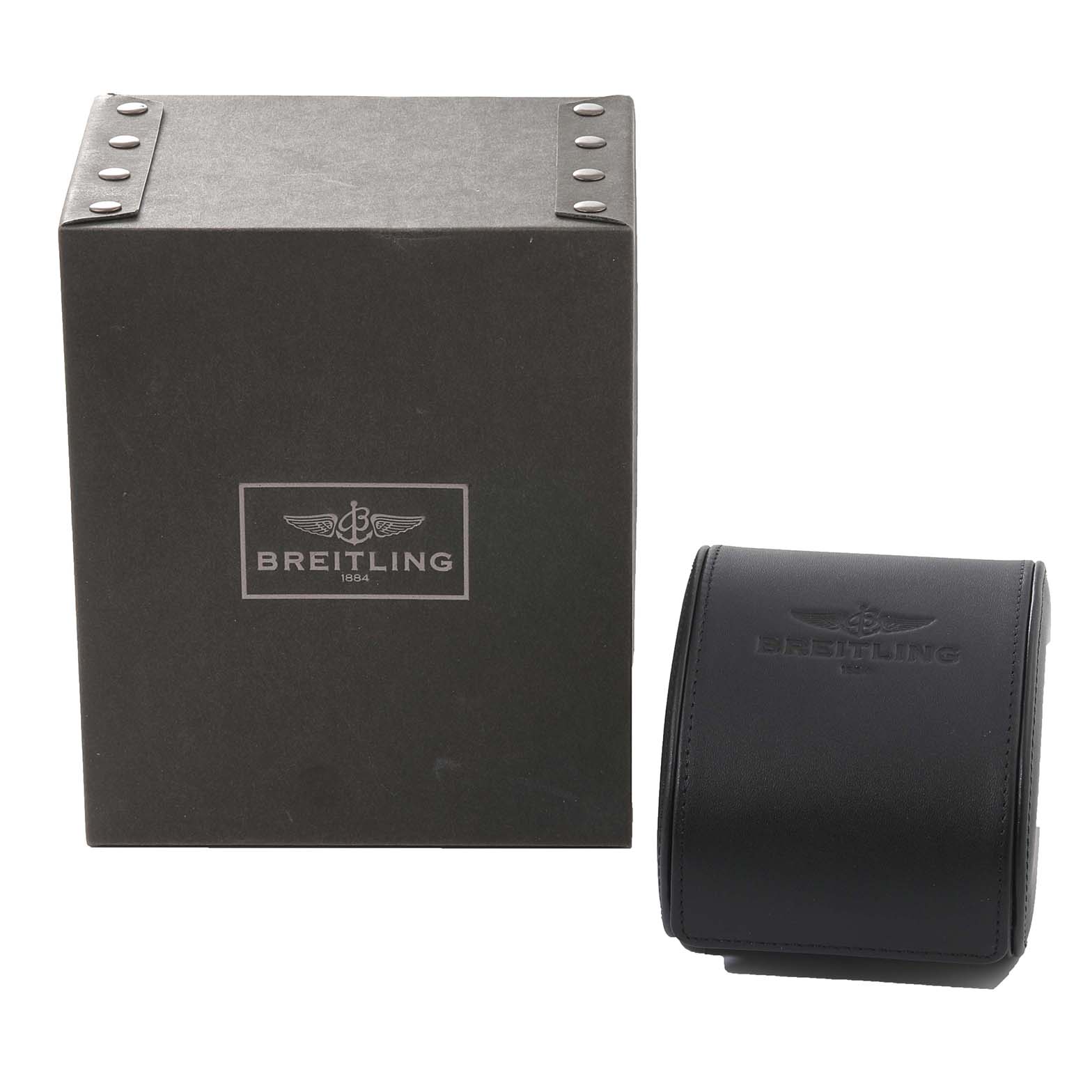 The image shows the packaging and a leather case for the Breitling Bentley AB0521 Men's Stainless Steel White Dial AB0521 Men's Stainless Steel White Dial watch from a front angle.