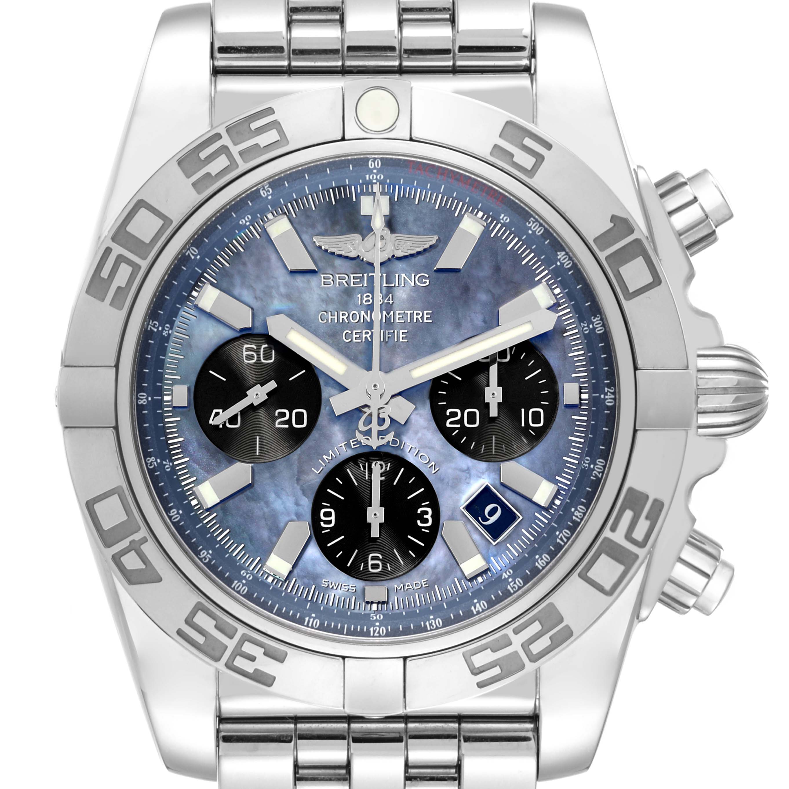 The Breitling Chronomat AB01111A/BF68 Men's Stainless Steel Mother of Pearl Dial AB01111A/BF68 Men's Stainless Steel Mother of Pearl Dial watch is shown from the front, displaying the dial, bezel, and part of the bracelet.