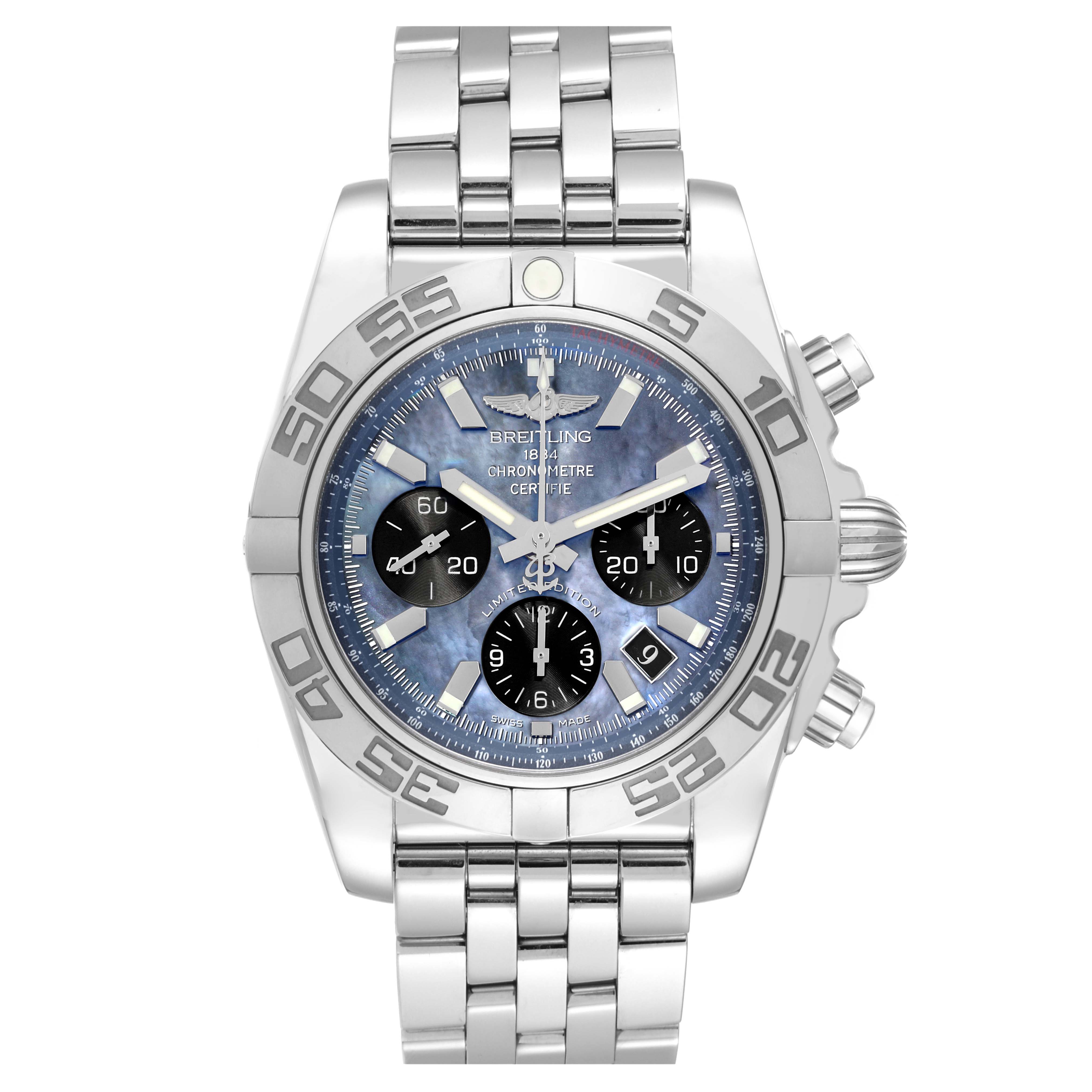 This image shows the Breitling Limited Series model watch from a frontal angle, displaying the dial, bezel, and metal bracelet.