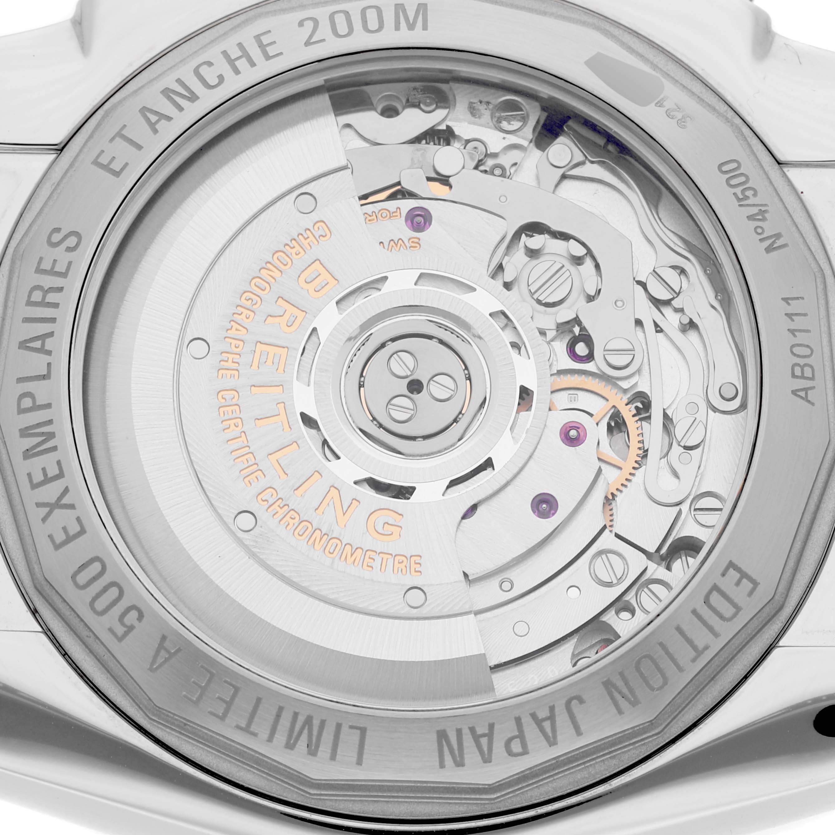 This is the back view of the Breitling Limited Series watch showing its intricate movement and transparent case back.