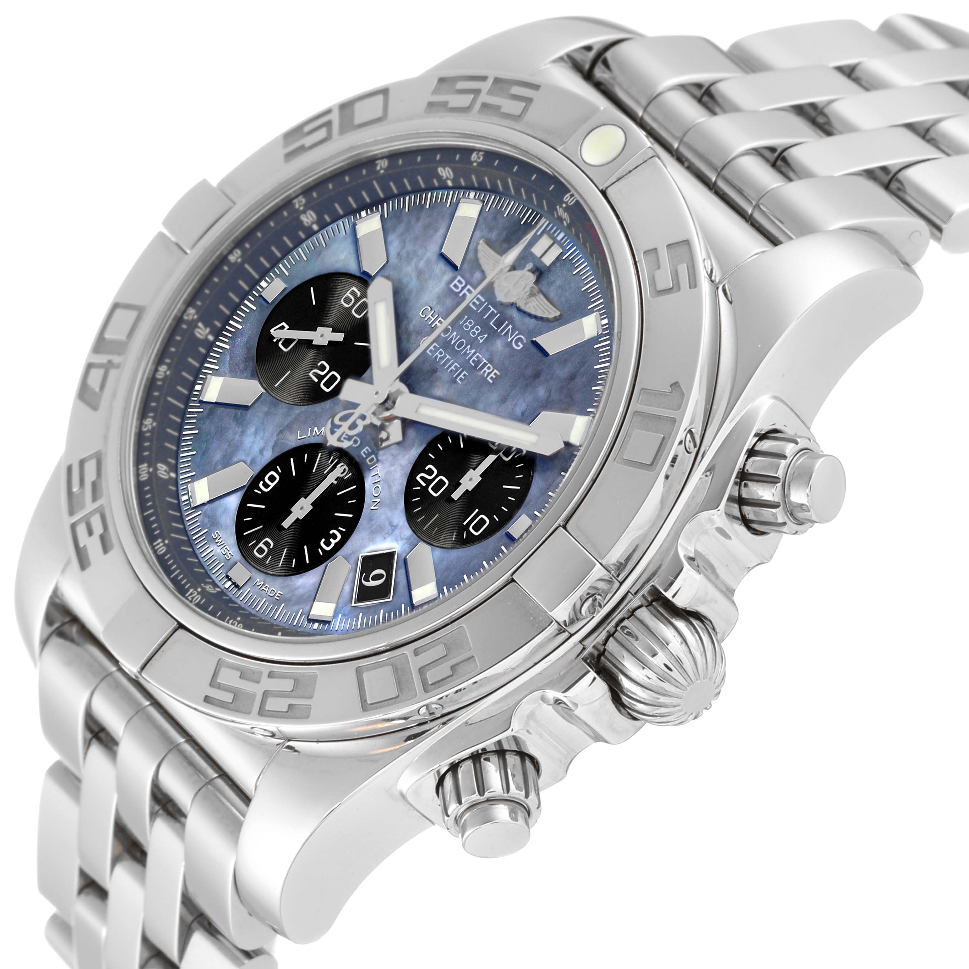 The Breitling Limited Series model watch is shown at an angle highlighting its face, bezel, and bracelet.