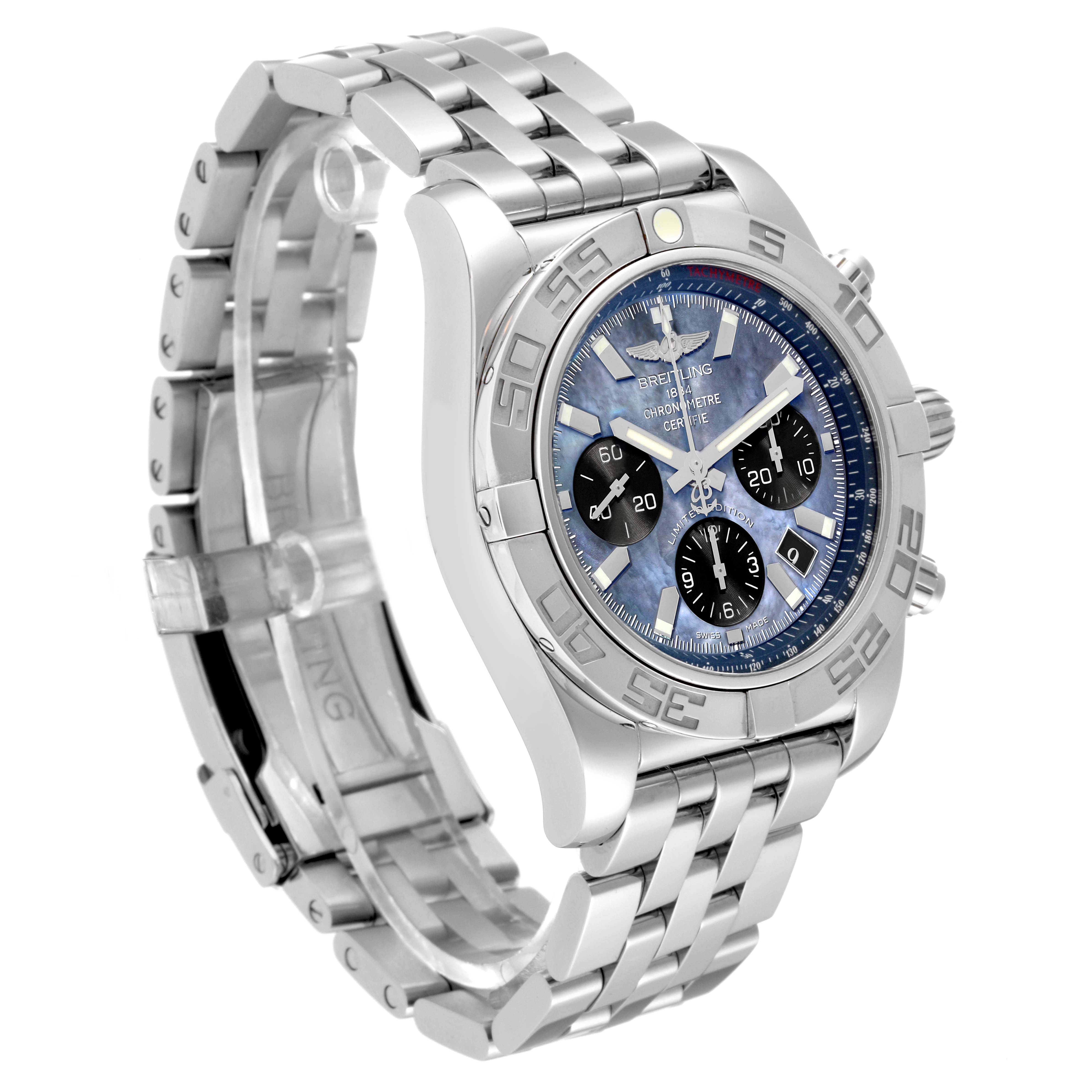 The Limited Series Breitling watch is shown at a three-quarter angle, highlighting the dial, bezel, and metal link bracelet.