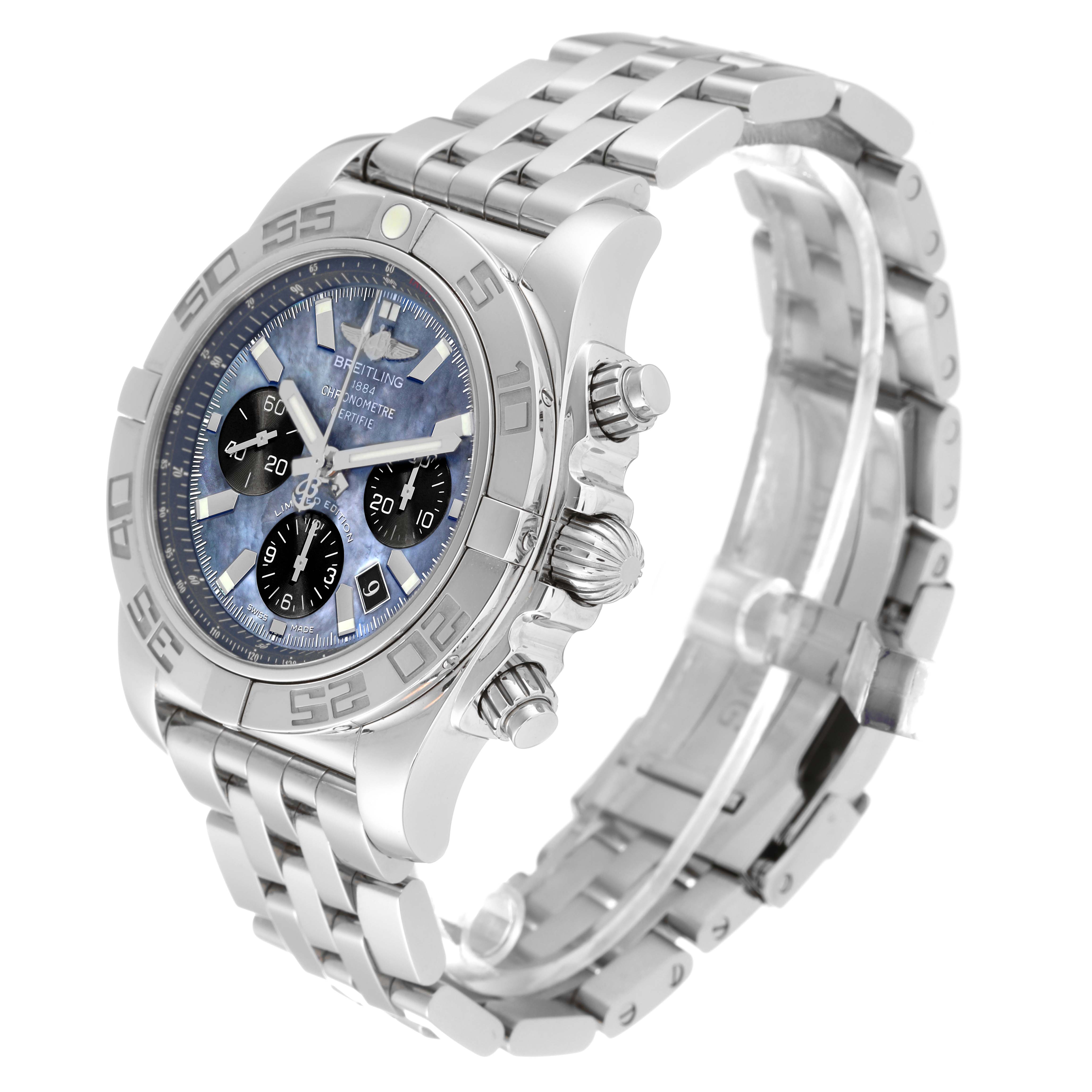 This image shows the Breitling Limited Series watch from a three-quarter angle, displaying the face, bezel, and metal strap.