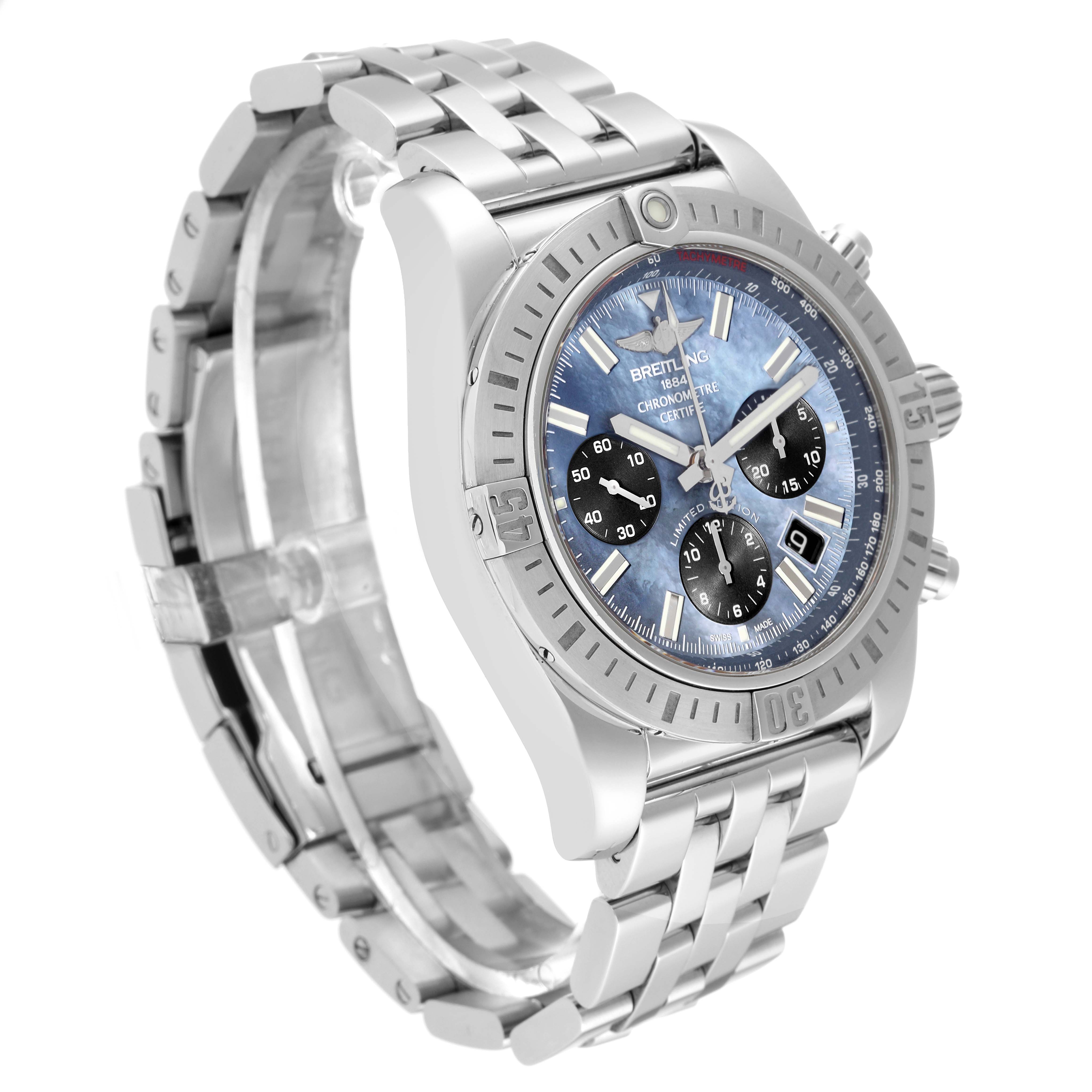The image shows a Breitling Limited Series watch at an angle emphasizing the band, case, and face with blue dial and chronograph features.