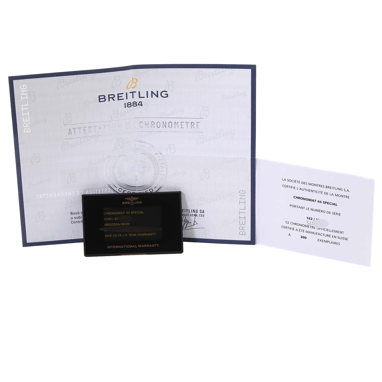 The image shows the warranty card and official documents for the Limited Series Breitling Chronomat AB01152A/BH20 Men's Stainless Steel Mother of Pearl Dial AB01152A/BH20 Men's Stainless Steel Mother of Pearl Dial A4 Special.