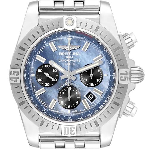 Photo of Breitling Chronomat 44 Mother of Pearl Dial Japan Limited Edition Steel Mens Watch AB0115 Box Card