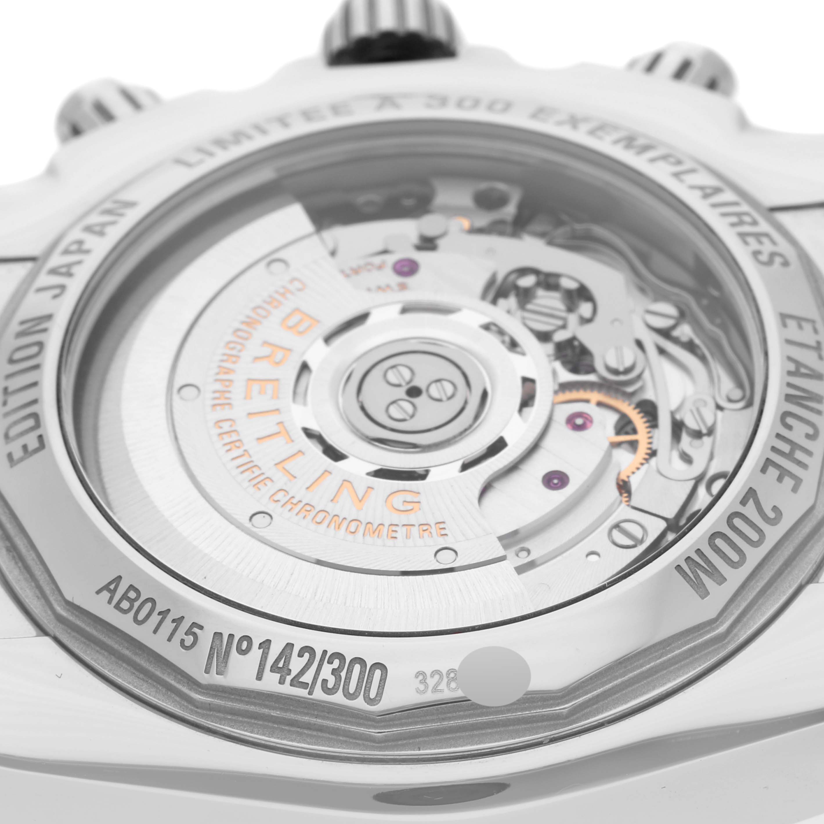 The image shows the back casing of the Limited Series Breitling watch, featuring its internal movement and limited edition numbering.