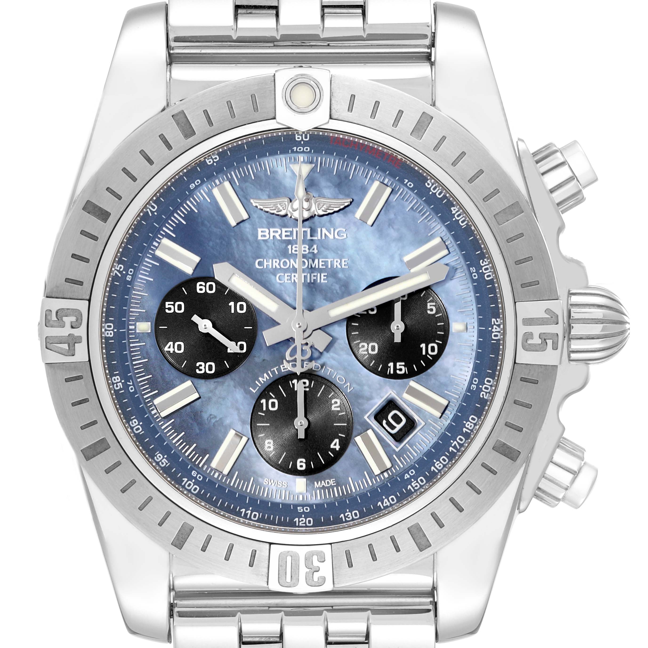 The image shows a front view of the Breitling Chronomat AB01152A/BH20 Men's Stainless Steel Mother of Pearl Dial AB01152A/BH20 Men's Stainless Steel Mother of Pearl Dial watch, displaying the dial, bezel, and pushers.