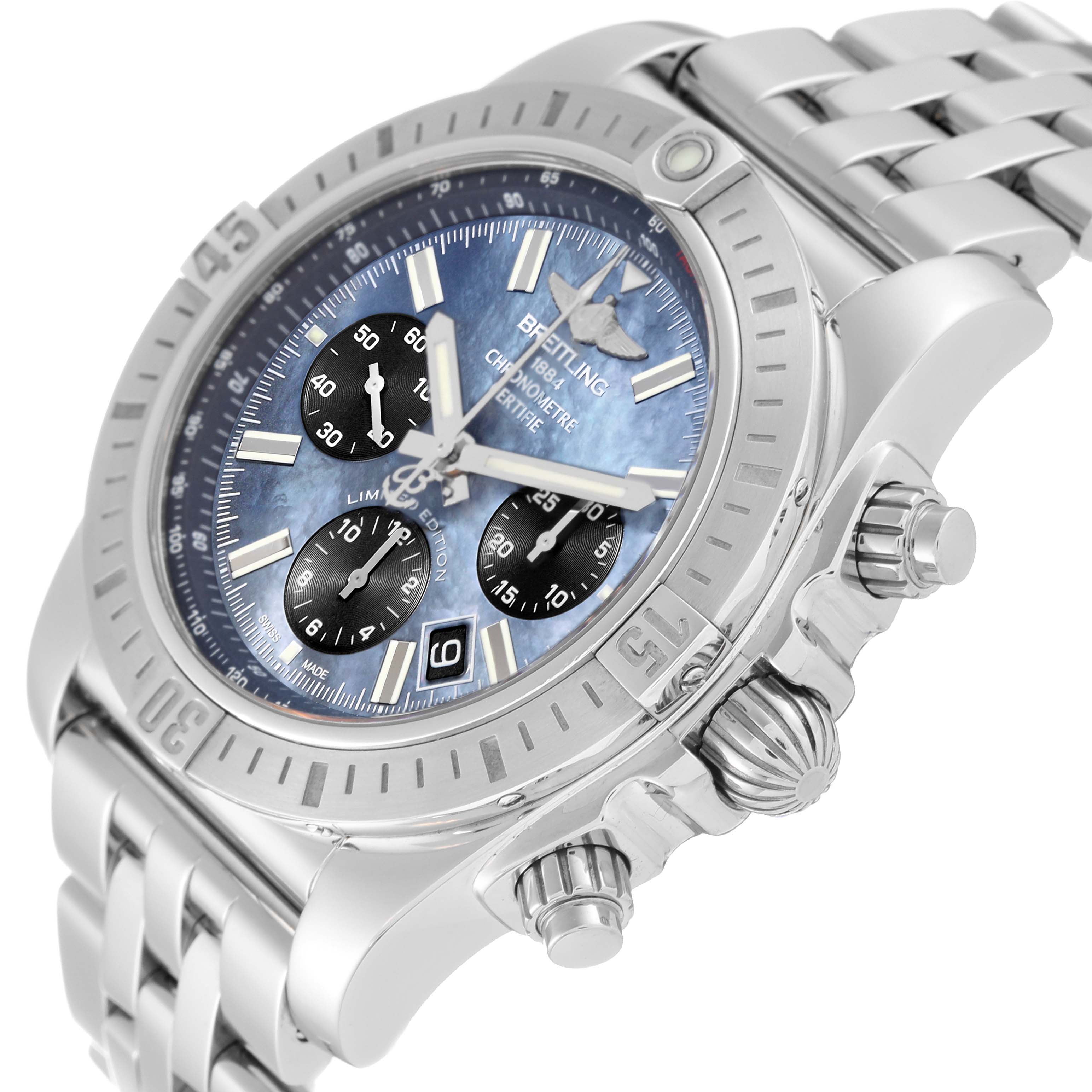 This Breitling Limited Series model is shown from a front angle, highlighting the face, bezel, subdials, and crown.