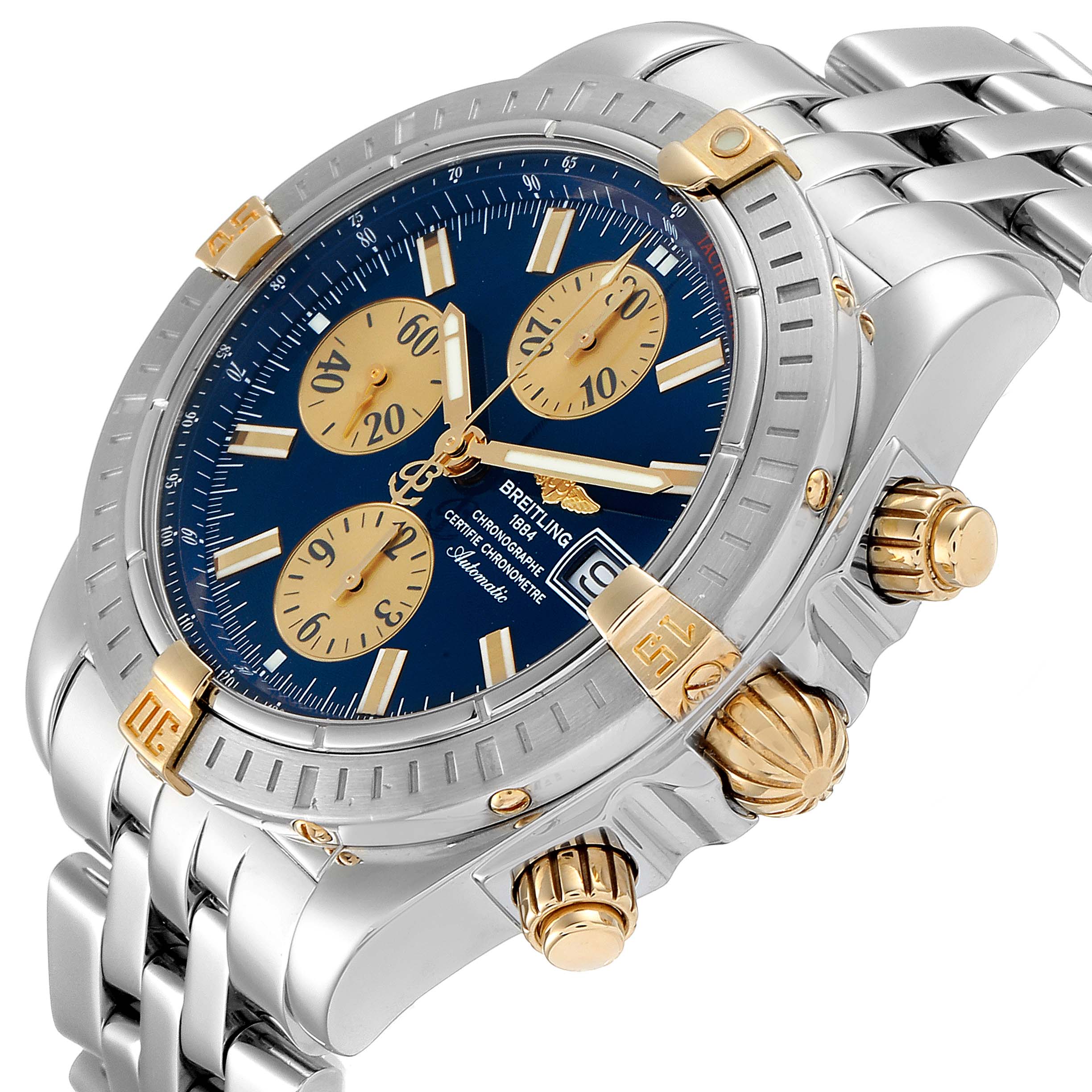 This Breitling Chronomat B13356 Men's Steel and Gold (two tone) Blue Dial B13356 Men's Steel and Gold (two tone) Blue Dial watch is shown from a front-angle, displaying the face, crown, pushers, and part of the bracelet.
