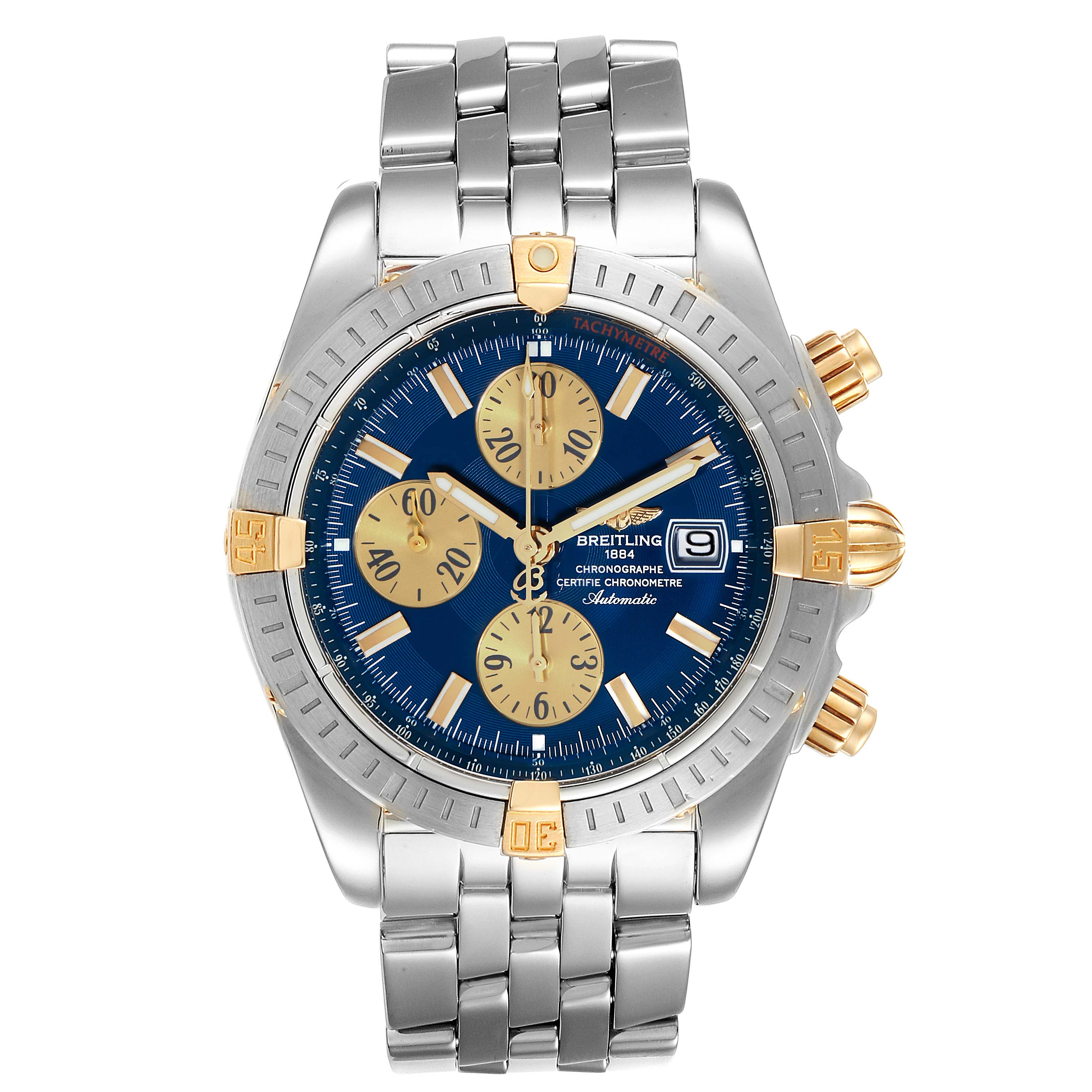 This image shows a front view of a Breitling Chronomat B13356 Men's Steel and Gold (two tone) Blue Dial B13356 Men's Steel and Gold (two tone) Blue Dial watch, displaying its blue dial, chronograph subdials, and stainless steel bracelet.