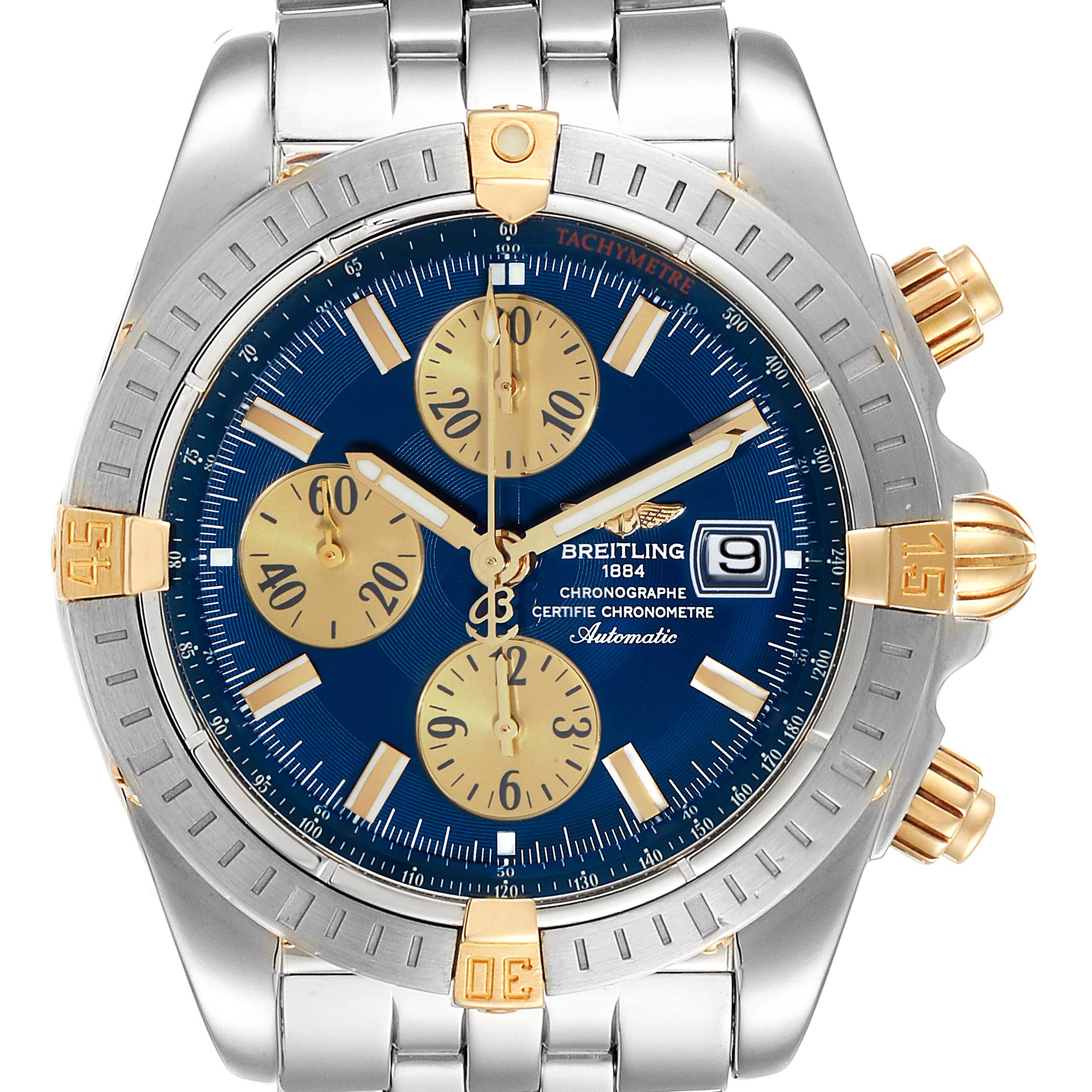 The image shows a front view of a Breitling Chronomat B13356 Men's Steel and Gold (two tone) Blue Dial B13356 Men's Steel and Gold (two tone) Blue Dial watch, displaying its dial, bezel, crown, and chronograph pushers.