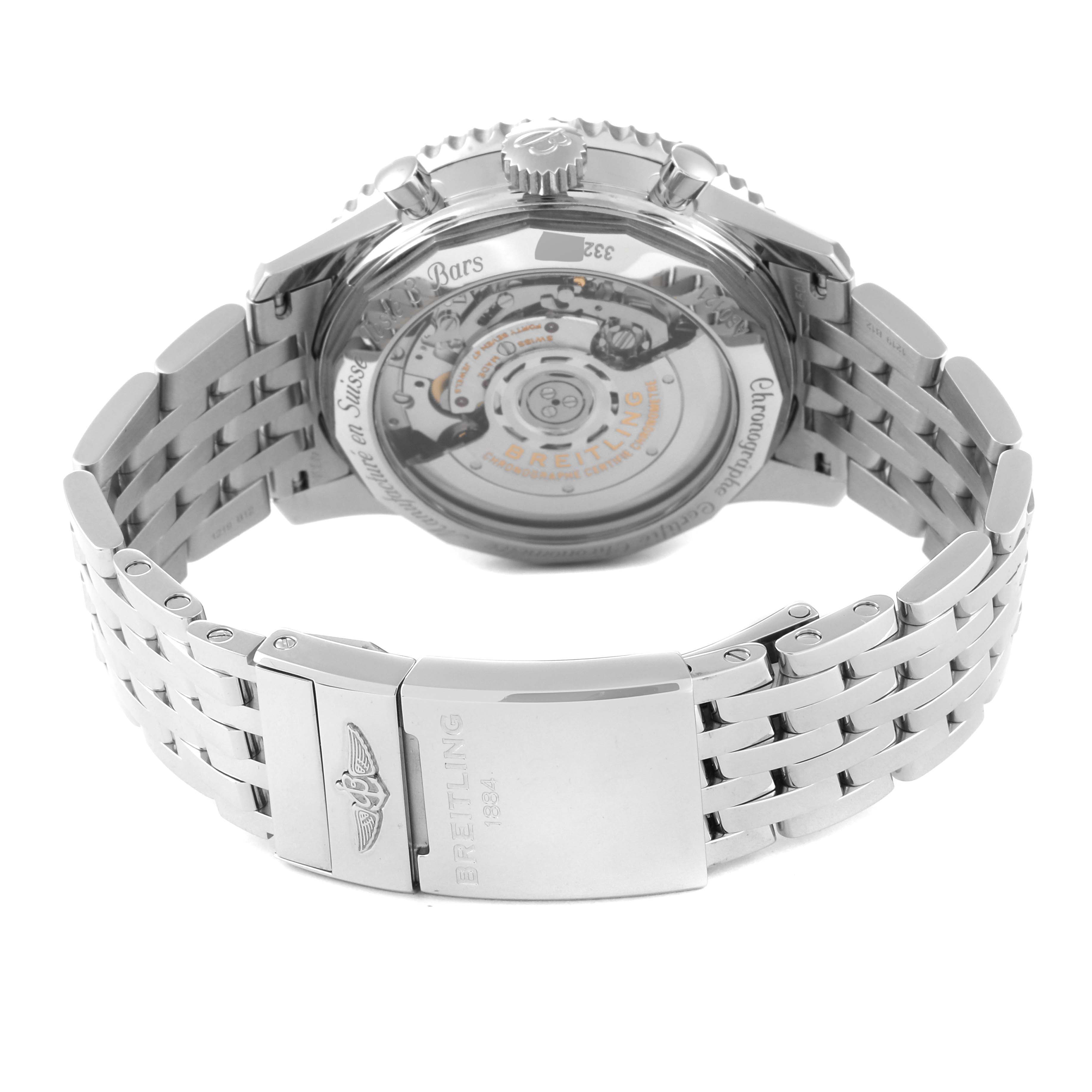 This image shows the back view of the Breitling Navitimer AB0121 Men
s Stainless Steel Mother of Pearl Dial AB0121 Men
s Stainless Steel Mother of Pearl Dial watch, highlighting its clasp, bracelet, and transparent case back.