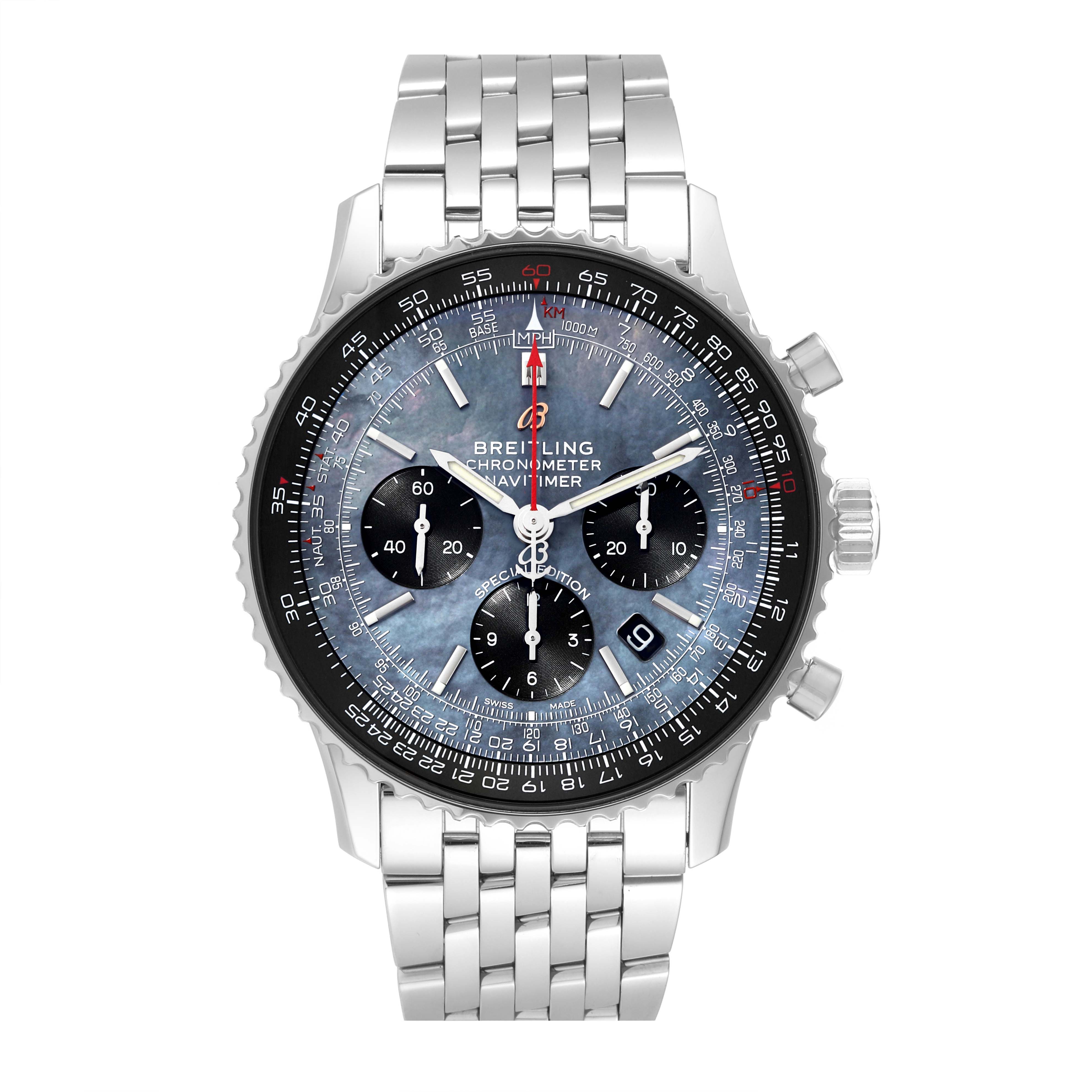 This image shows a front view of the Breitling Navitimer AB0121 Men
s Stainless Steel Mother of Pearl Dial AB0121 Men
s Stainless Steel Mother of Pearl Dial watch, highlighting its face, dials, bezel, and stainless steel bracelet.