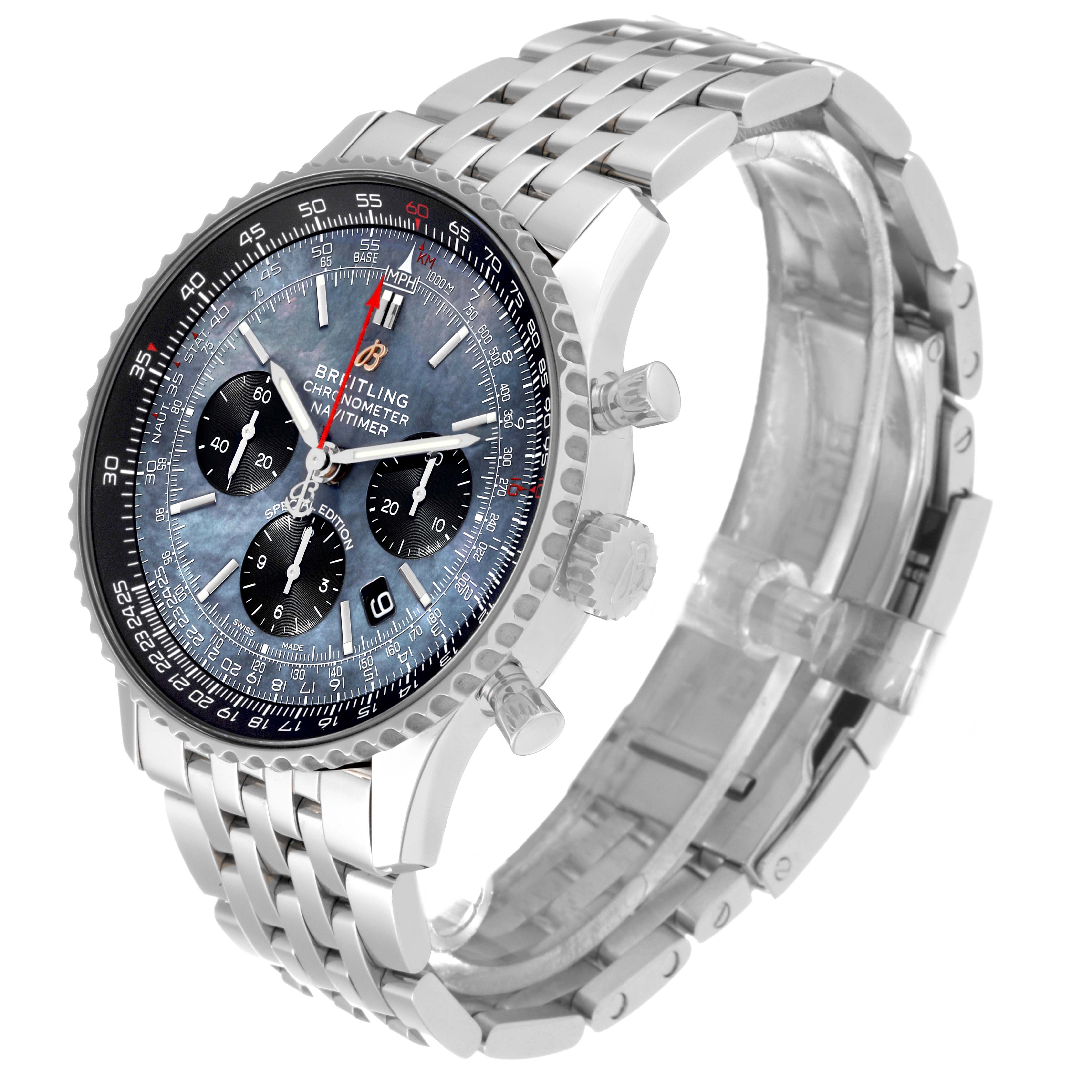 The image shows a side view of the Breitling Navitimer AB0121 Men
s Stainless Steel Mother of Pearl Dial AB0121 Men
s Stainless Steel Mother of Pearl Dial watch, highlighting its face, bezel, crown, pushers, and bracelet.