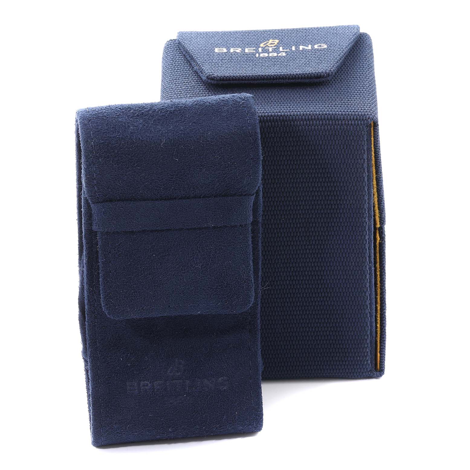 The image shows a navy blue travel pouch and a storage box for a Breitling Navitimer AB0121 Men
s Stainless Steel Mother of Pearl Dial AB0121 Men
s Stainless Steel Mother of Pearl Dial watch.