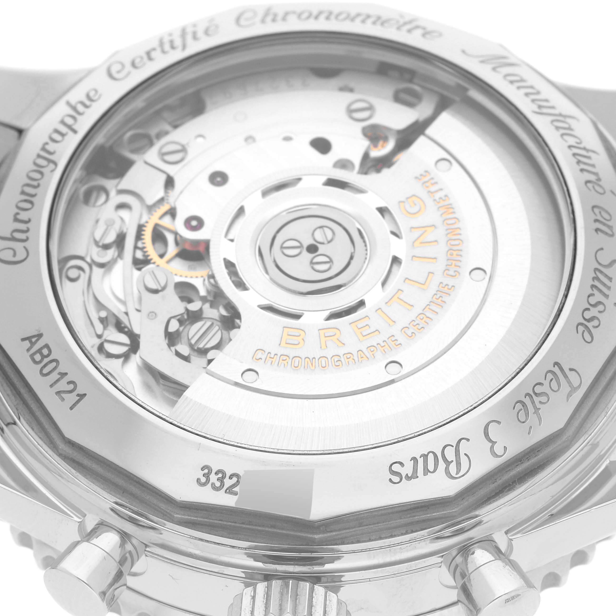 This image shows the back view of the Navitimer watch by Breitling, highlighting the intricate inner mechanism.